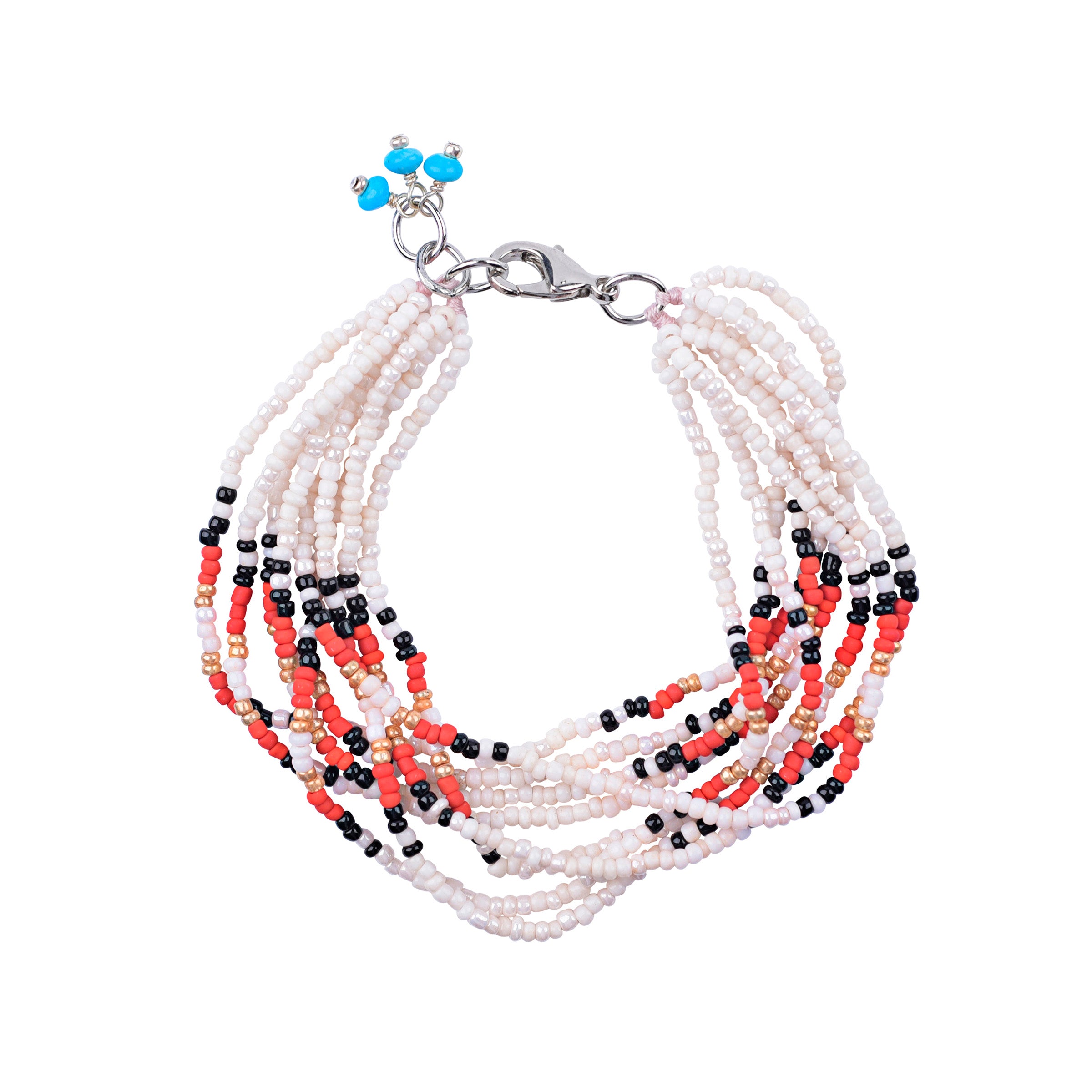 Multiple strand bracelet of glass seed beads in white, red, black, and gold with base metal lobster claw and turquoise bead dangle at extender chain clasp. 