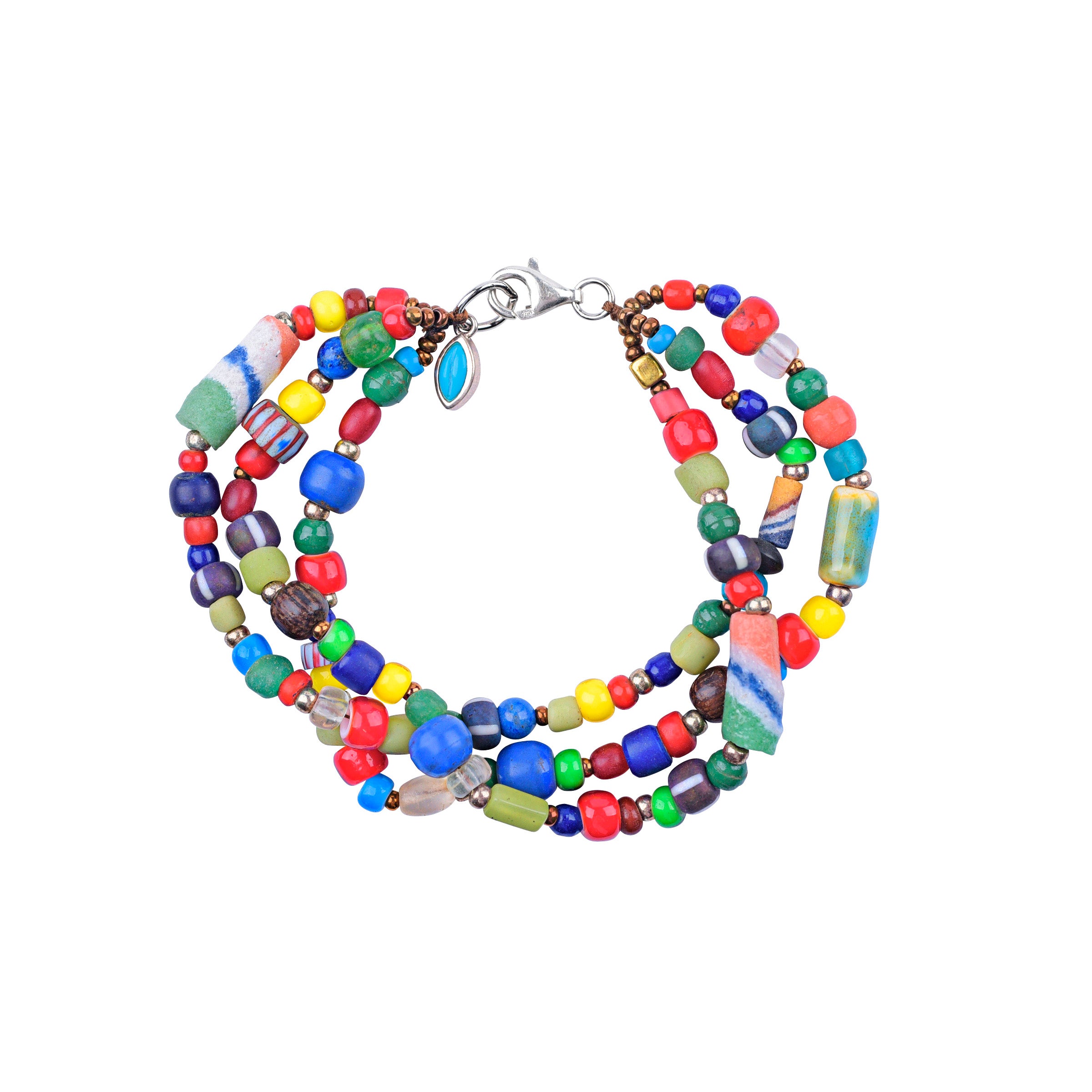 3 strand bracelet of glass seed beads and trade beads and sterling silver lobster clasp and turquoise pendant charm. 