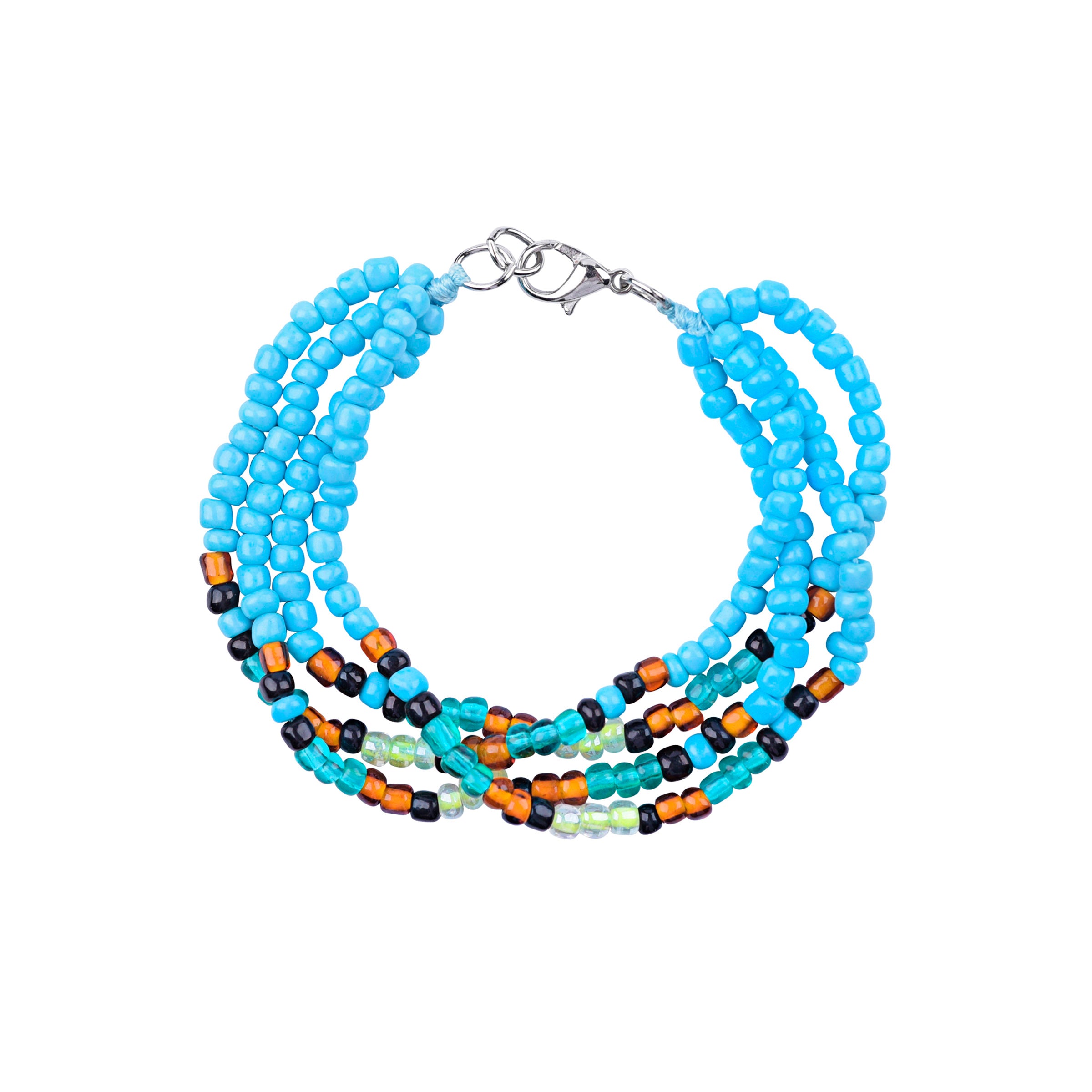 multi strand bracelet of glass seed beads in turquoise, browns, blacks, and greens with base metal lobster claw clasp. 