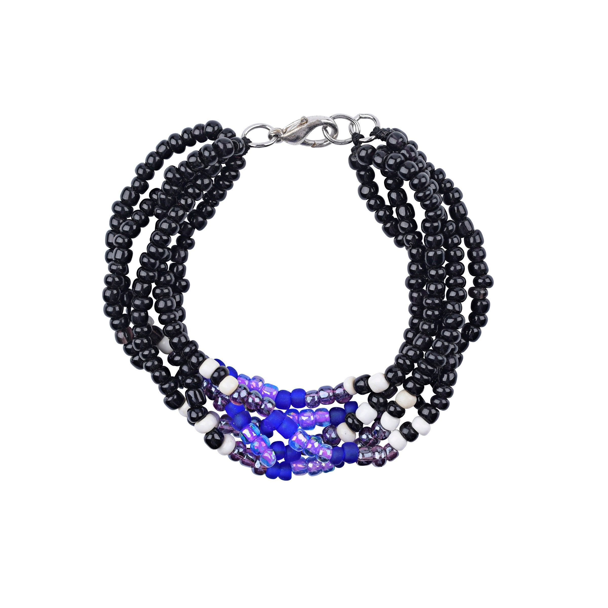 Multi-strand bracelet of black, blue, purple, and white glass seed beads with base metal lobster claw clasp