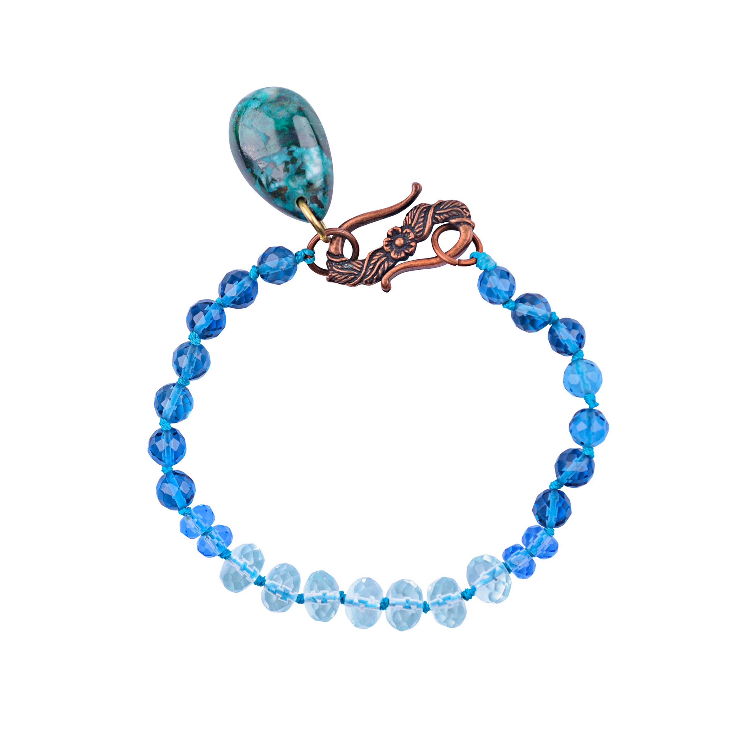Bright blue chrysocolla and crystal beads with silk knots in-between the beads with large copper clasp and large bead dangle