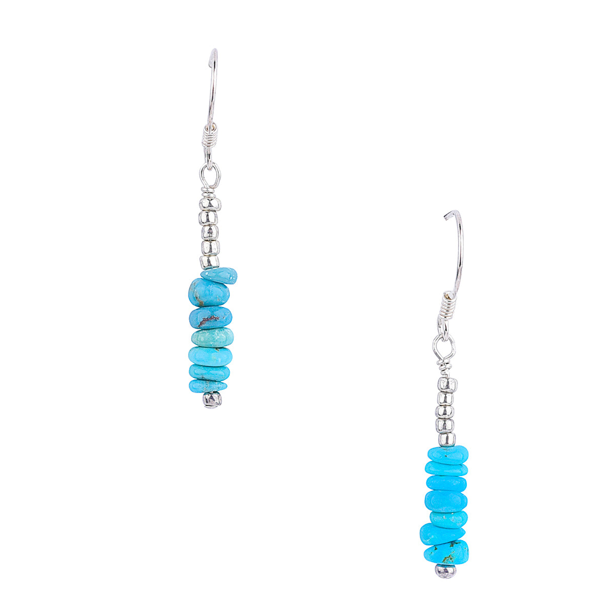 Sterling Silver Ear wires with long drops of silver tones glass seed beads and turquoise nugget beads hang on head pins. 