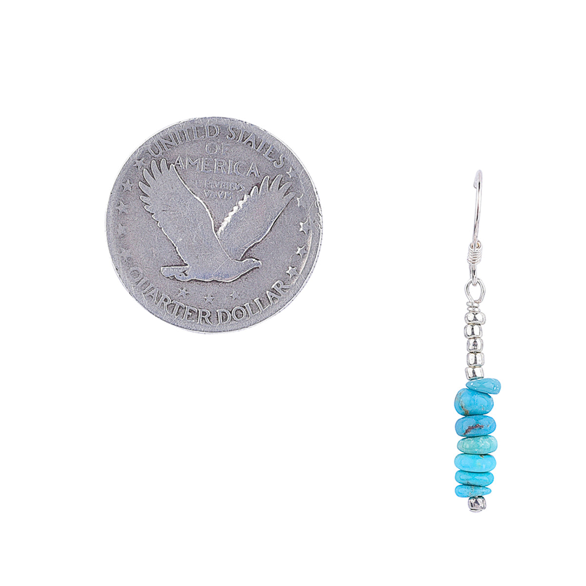 Sterling Silver Ear wire with long drops of silver tones glass seed beads and turquoise nugget beads hang on head pin next to coin for scale