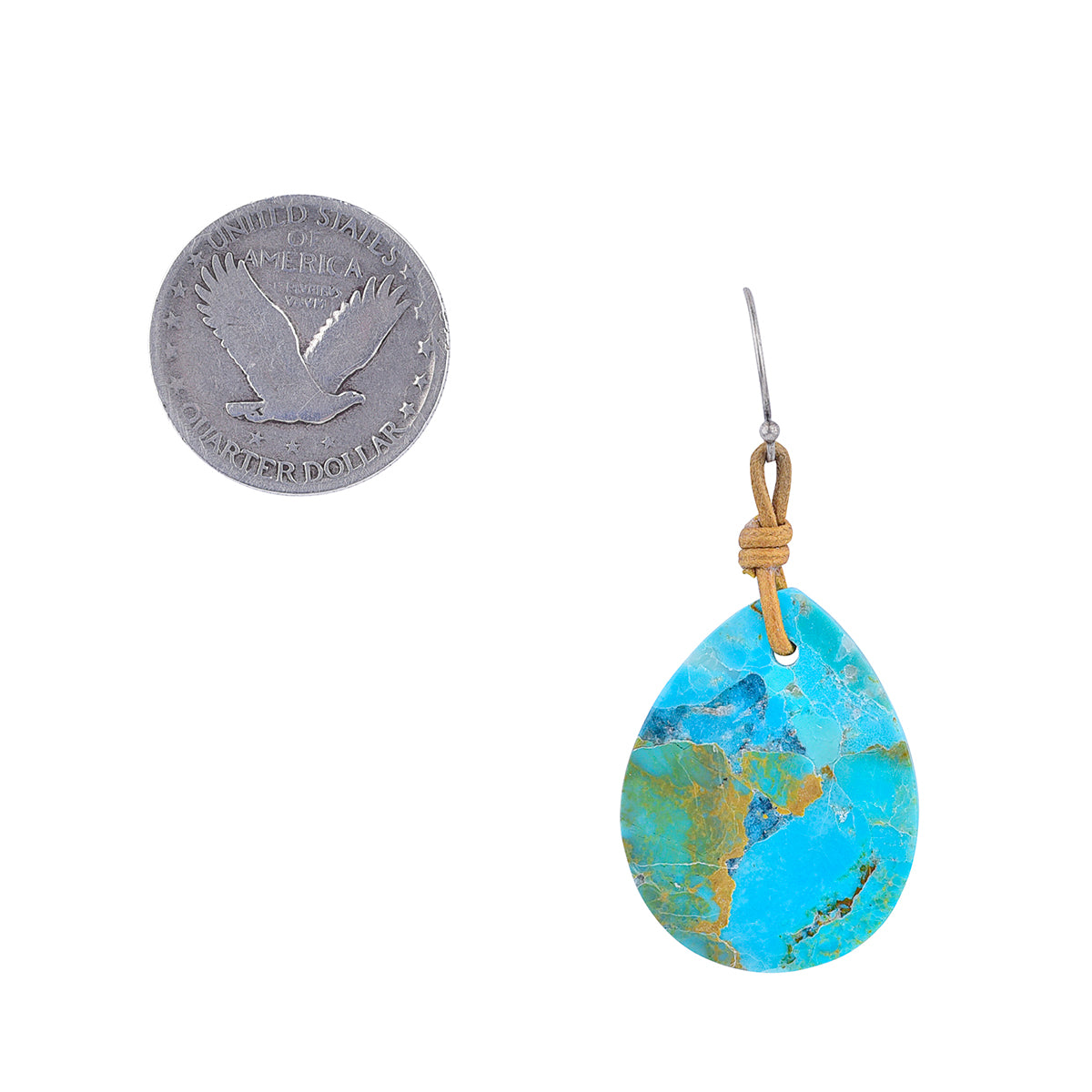 Turquoise Teardrop Earring with tan cotton cord hanging on sterling silver ear wires next to coin for scale