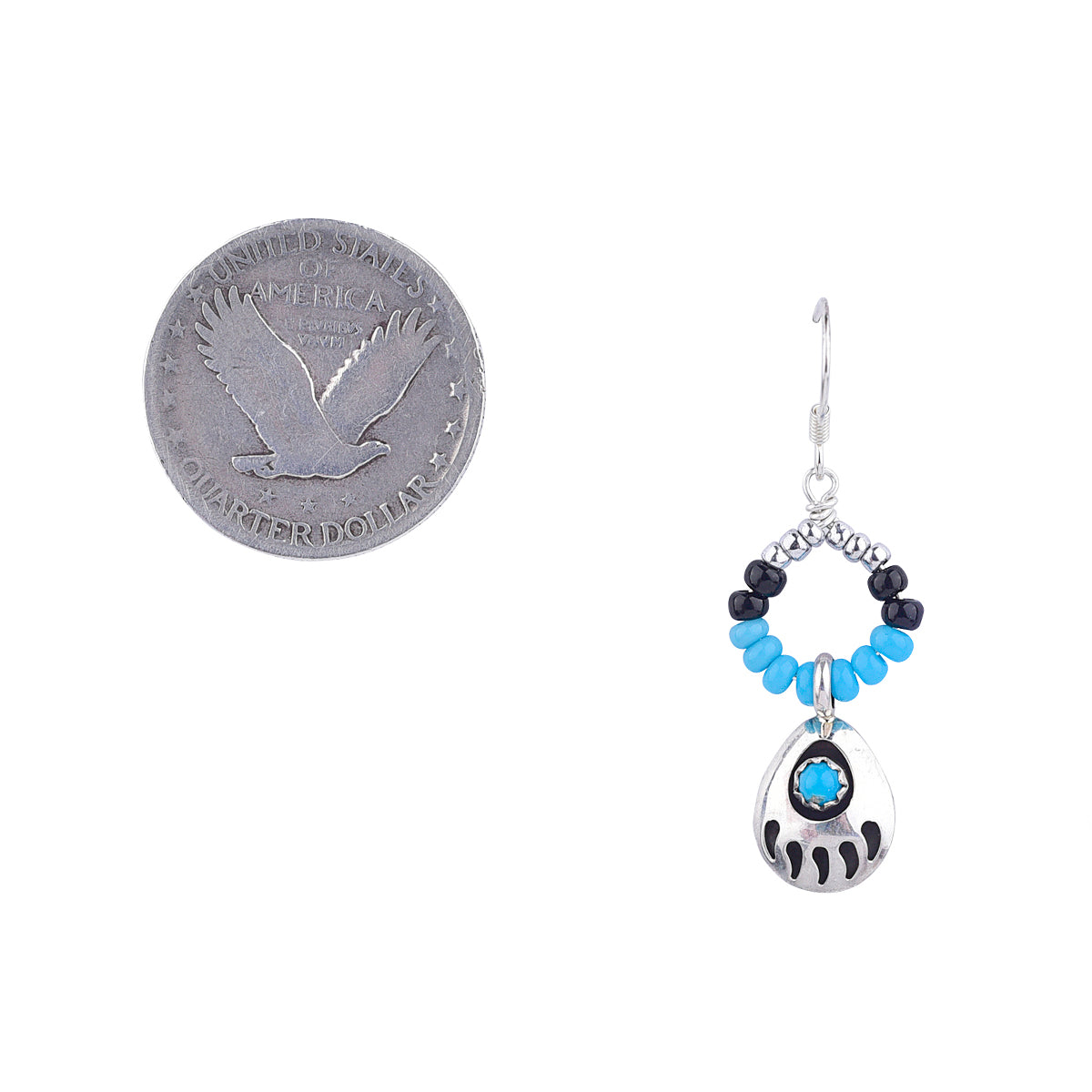 Sterling Silver ear wires with loops of glass seed beads and one main Sterling Silver bearpaw charm and Turquoise inlay Earring next to coin for scale