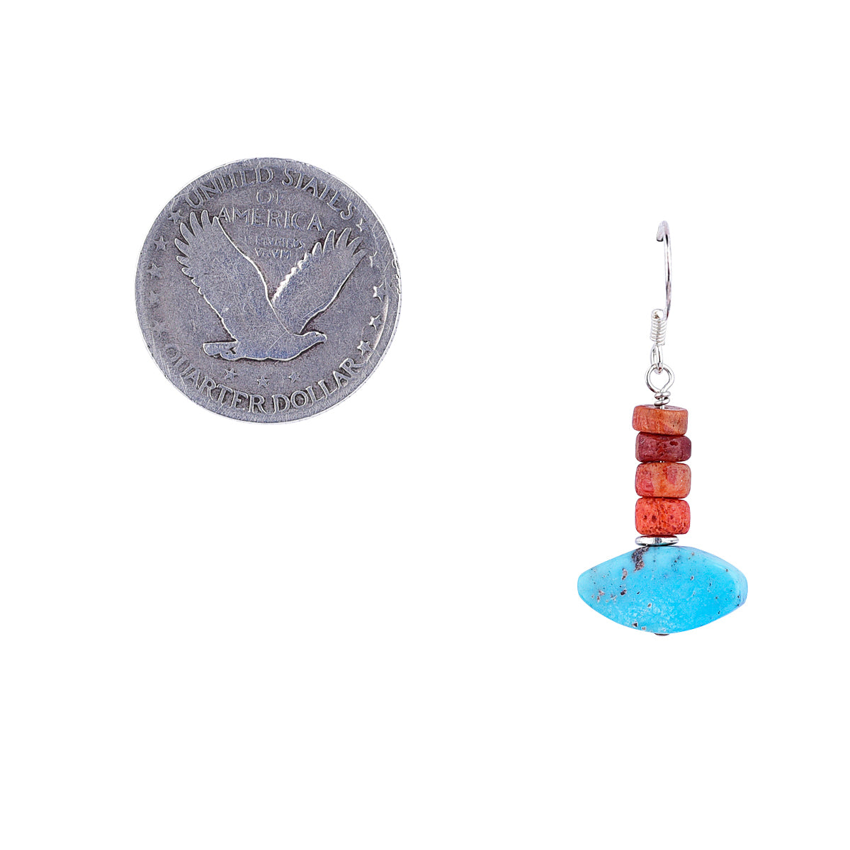 Sterling Silver ear wires with coral and turquoise drop earring next to coin for scale