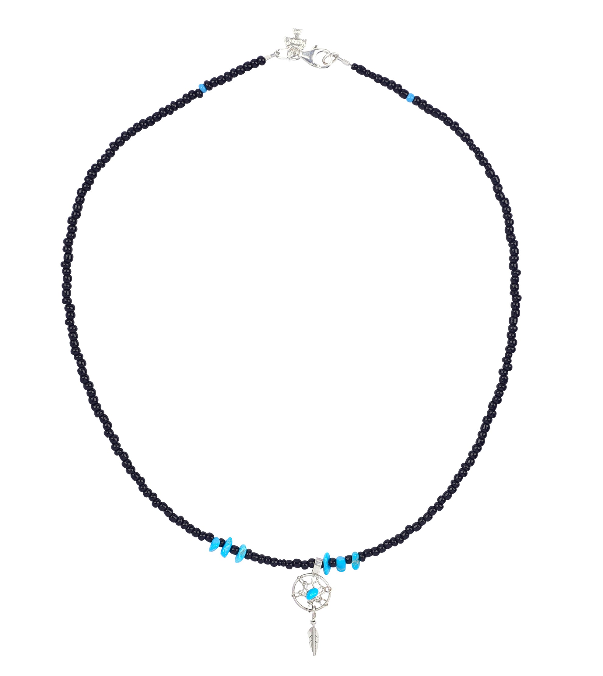 Sterling Silver dreamcatcher charm beaded with black glass seed beads and 6 turquoise beads with Sterling Silver lobster claw closure necklace.  