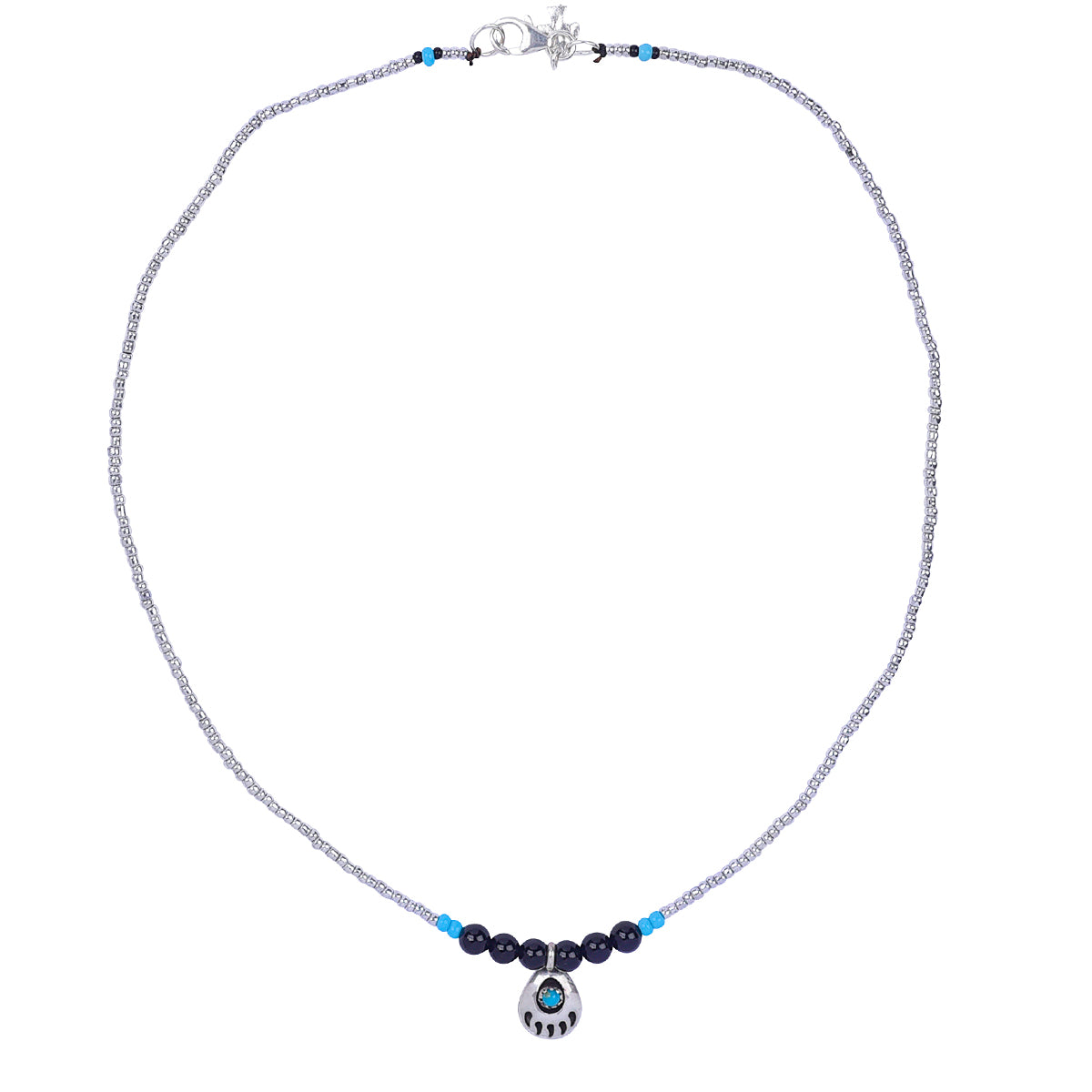 Sterling Silver toned glass seed beads strung with Sterling Silver lobster claw and 7 onyx beads that highlight the Sterling Silver bearpaw charm with Turquoise inlay Necklace. 