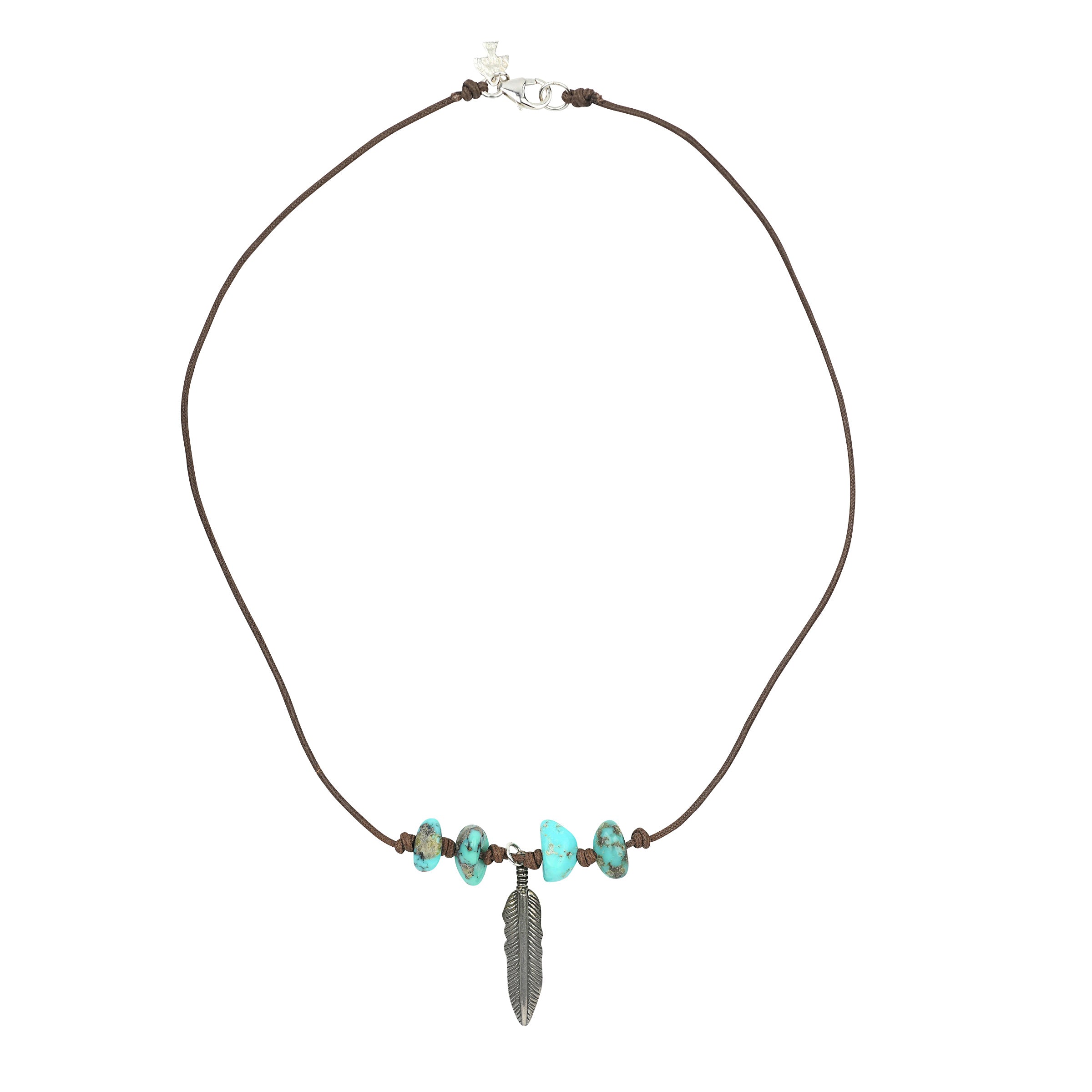 Sterling Silver Lobster claw with cotton cord and turquoise beads with Sterling Silver Feather Pendant Necklace 