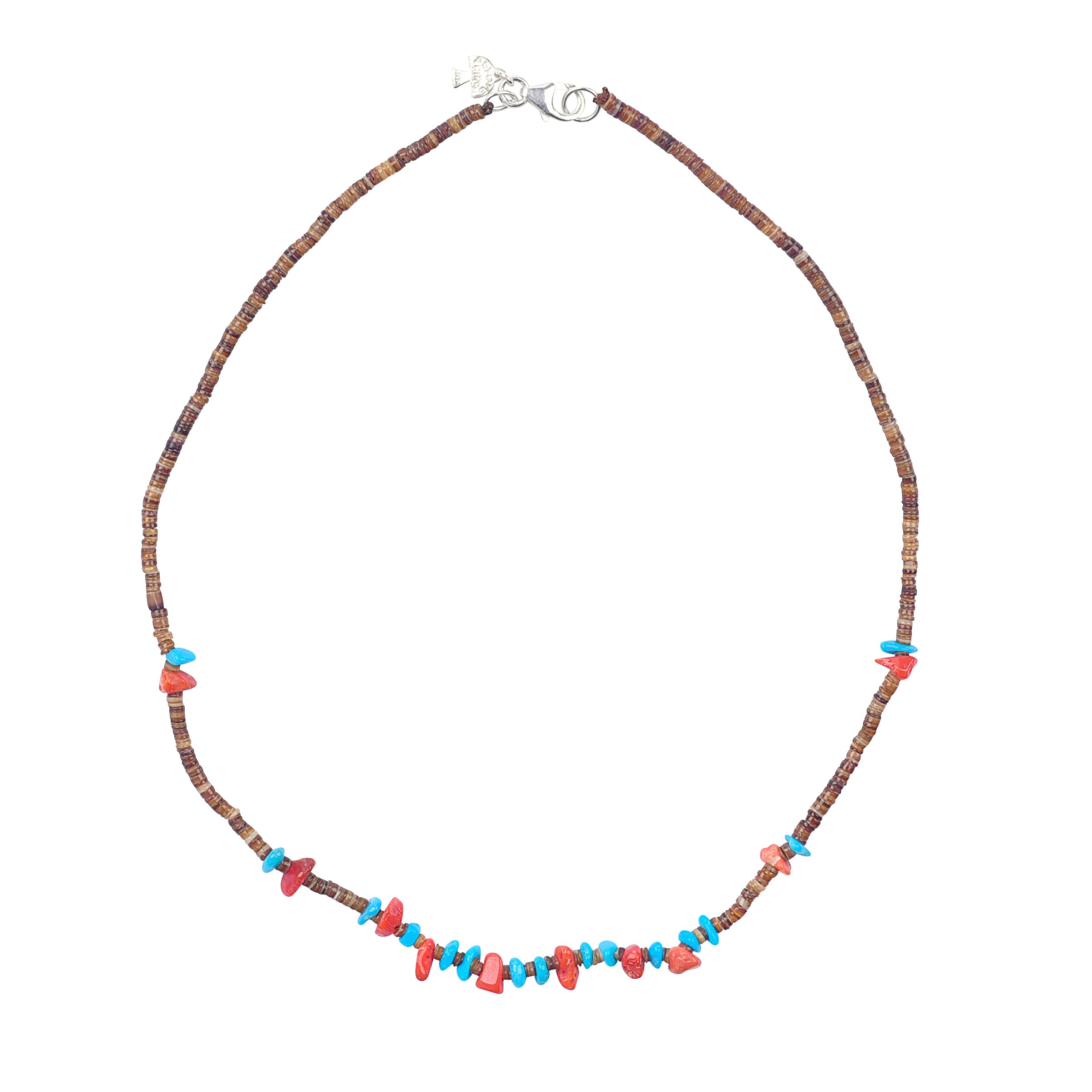 Sterling Silver lobster claw with beaded brown lip heishi shells string with coral and turquoise chips throughout the focal area center Necklace. 