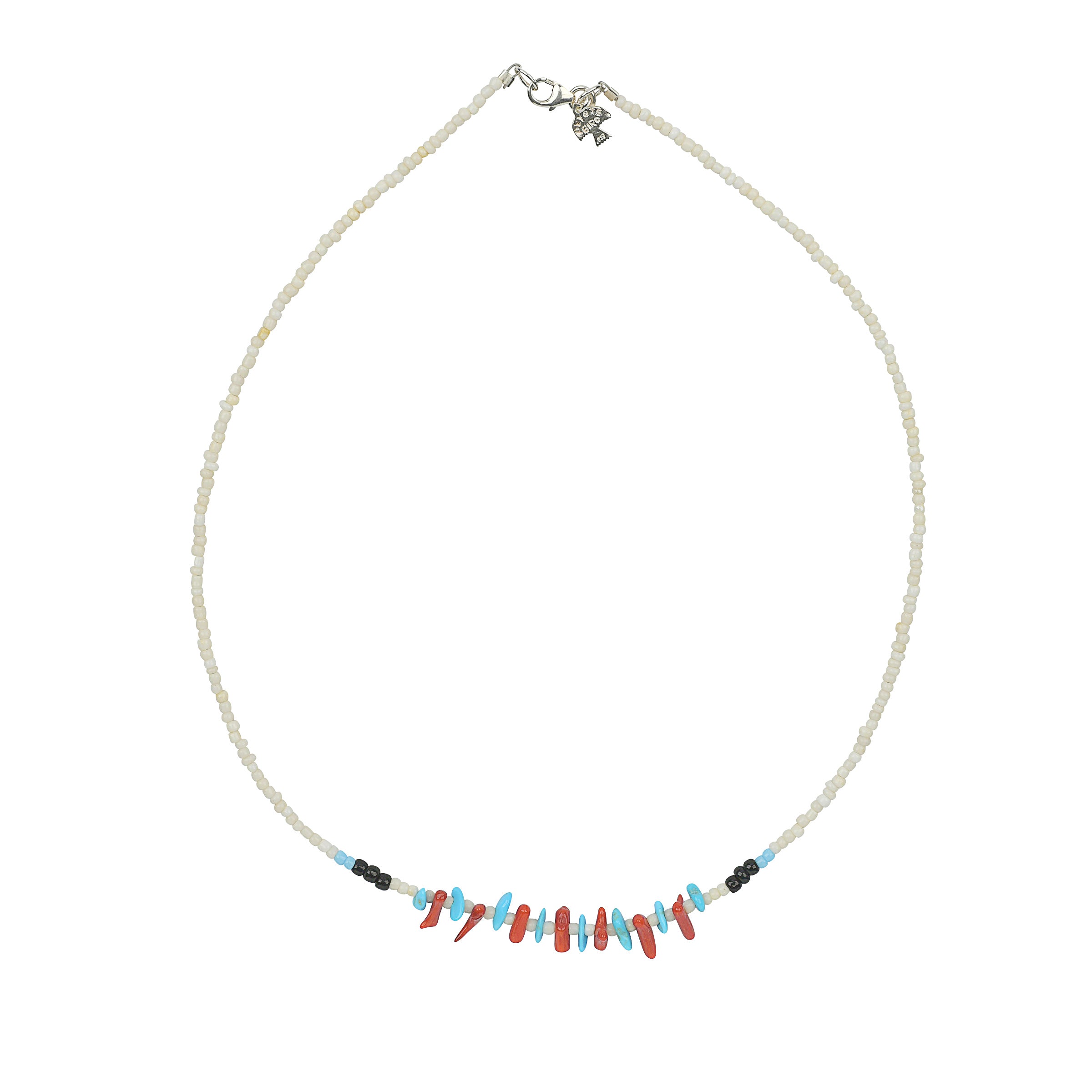 White glass seed beads surround the focal point of turquoise and coral chips on this Necklace with Sterling Silver lobster claw closure. 