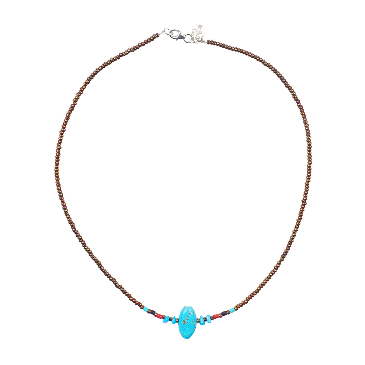 This turquoise nugget bead is surrounded by smaller turquoise beads and glass seed beads with Sterling Silver lobster claw closure Necklace. 