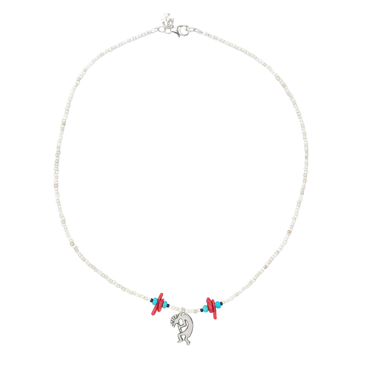 White Glass Seed beads strung with two coral beads and turquoise beads flanking the Sterling Silver Kokopelli Charm with Sterling Silver lobster claw Necklace. 