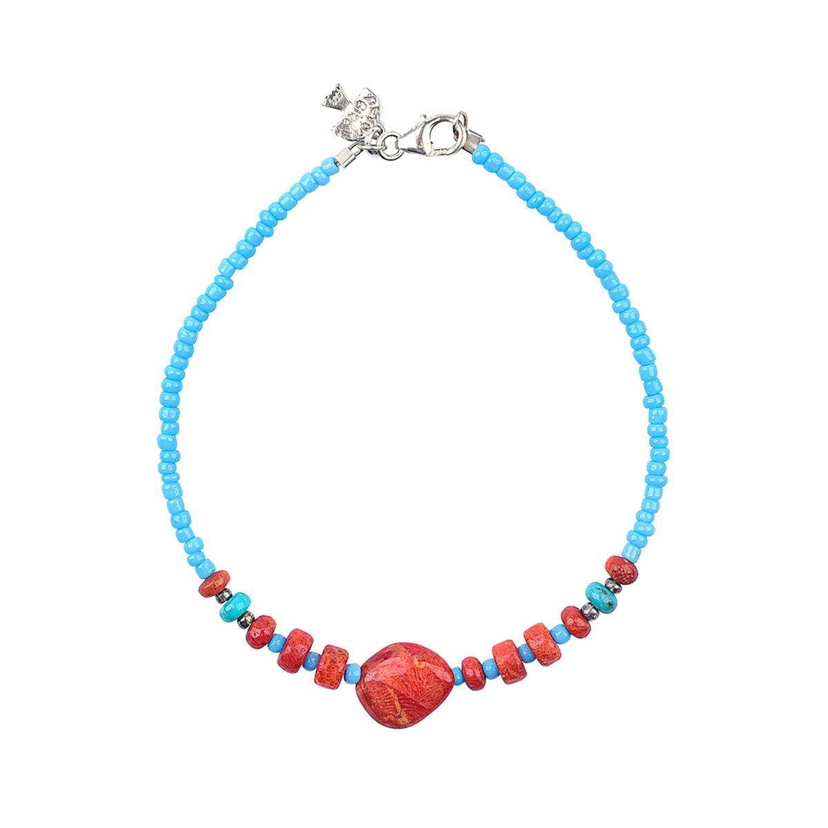 Turquoise color glass seed beads with apple coral red beaded bracelet with Sterling Silver Lobster Claw Clasp. 