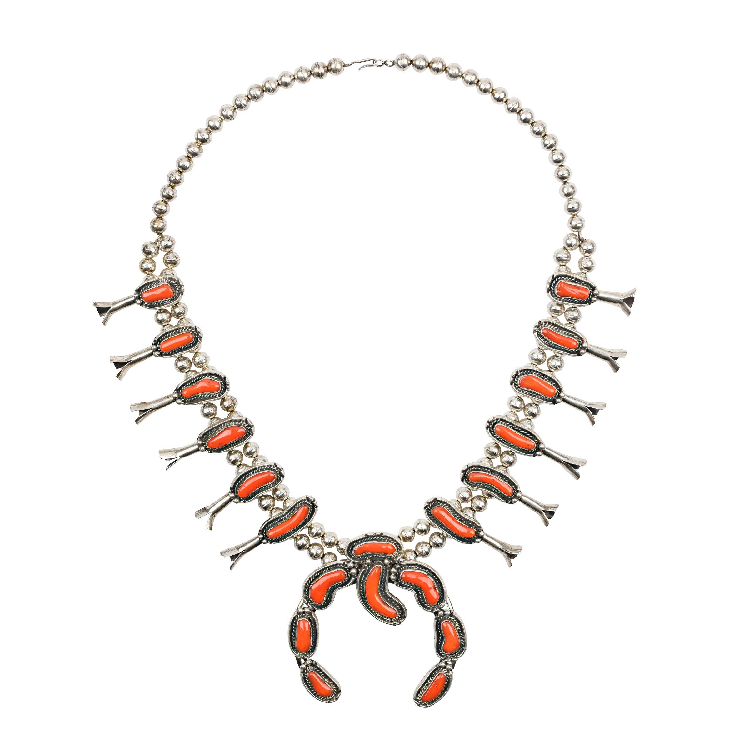 Vintage Navajo Coral Squash Blossom Necklace, C. 1950's