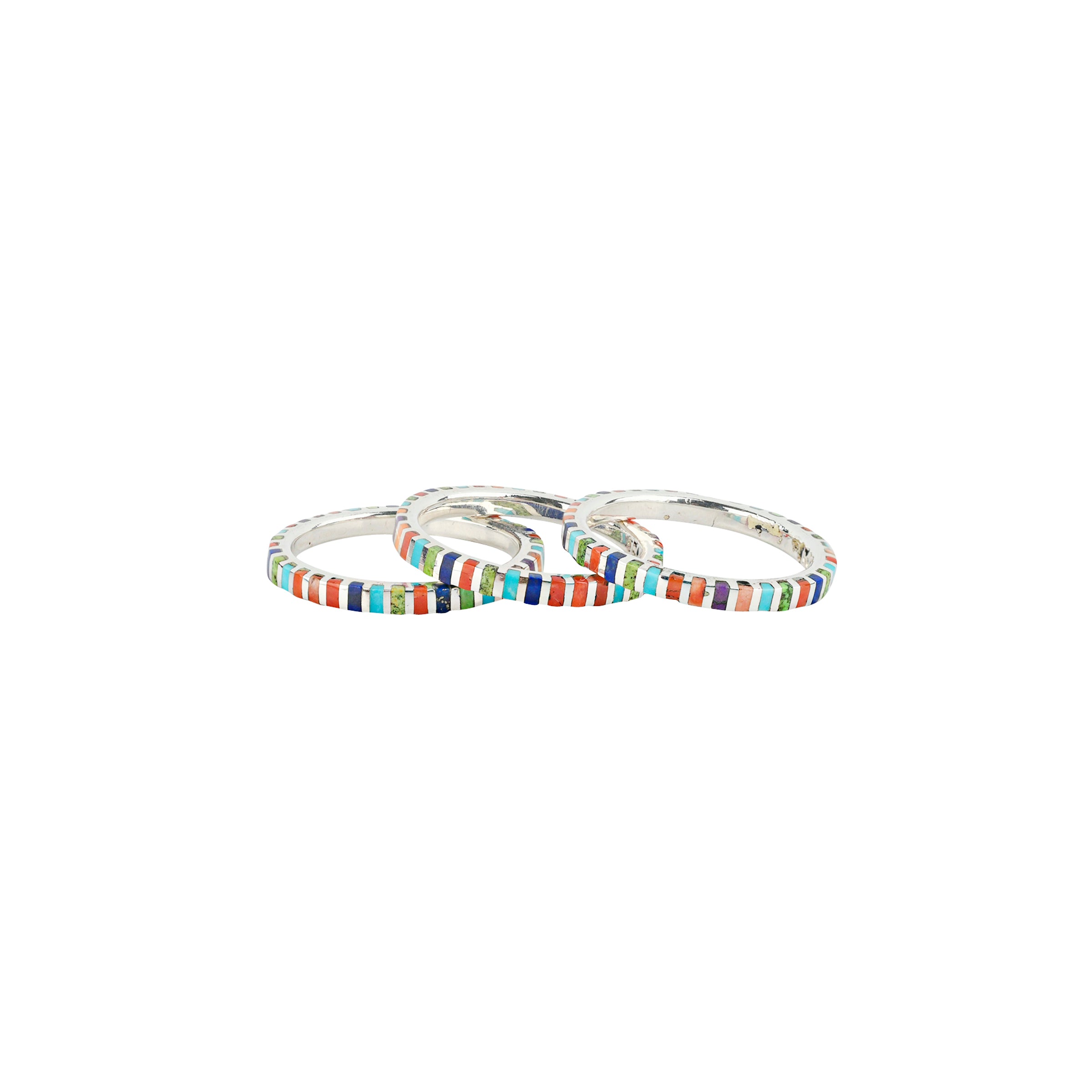 Set of 3 rings made with Sterling Silver, Turquoise, Gaspeite, Red Coral, Purple Spiny Oyster Shell, Orange Spiny Oyster Shell, Lapis