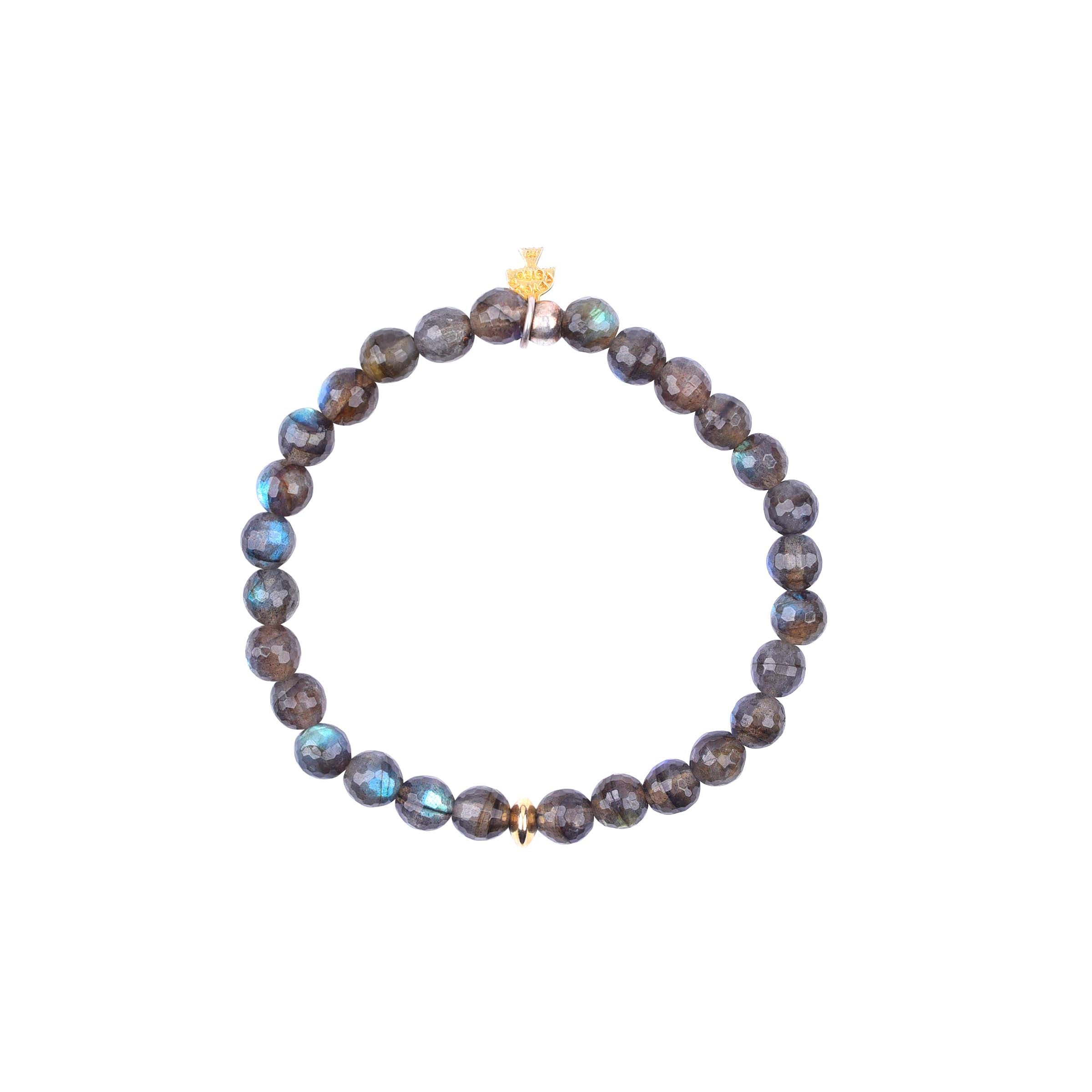 A stretch bracelet featuring round labradorite beads with a metallic finish and both sterling silver and 14K gold accent beads.