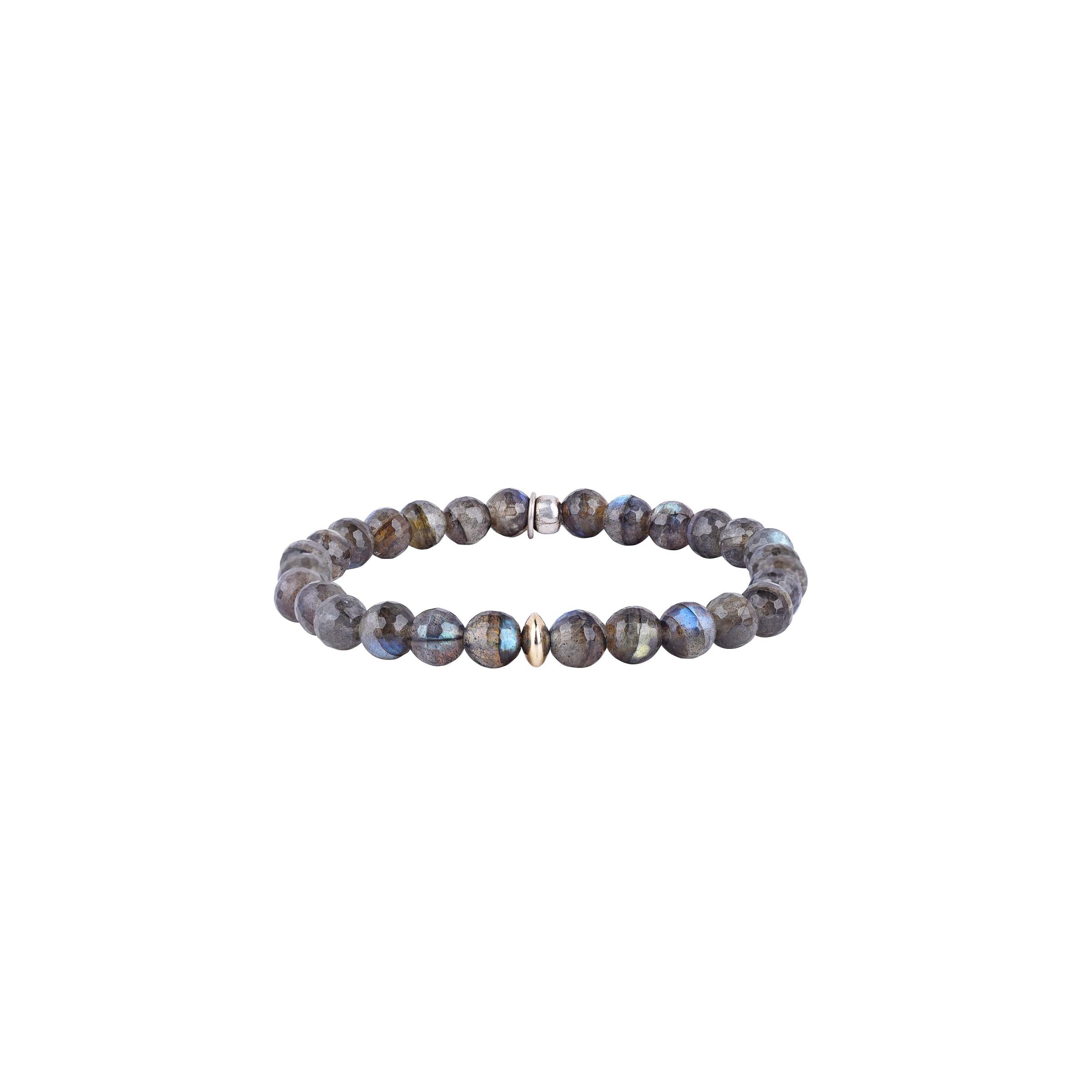 A stretch bracelet featuring round labradorite beads with a metallic finish and both sterling silver and 14K gold accent beads.