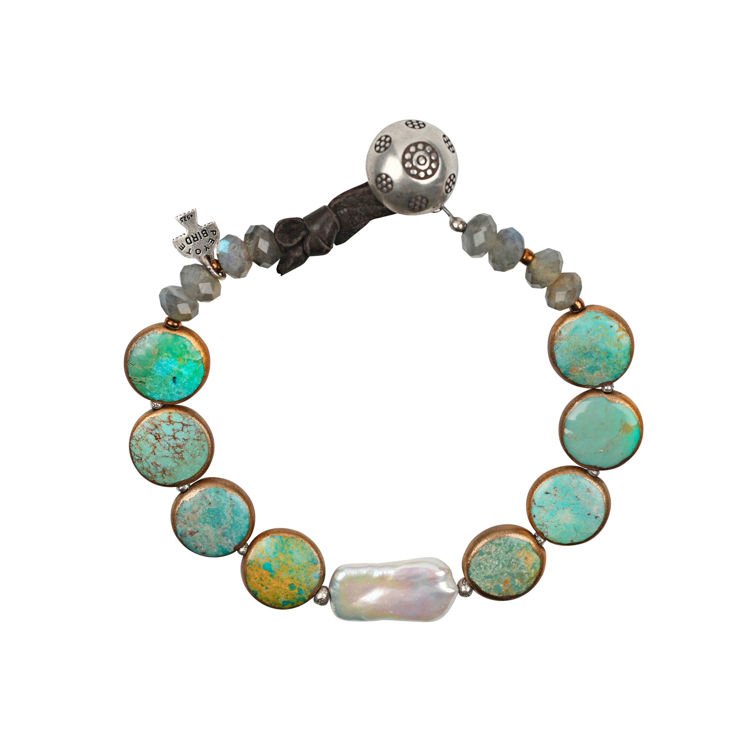 A Peyote Bird Original Bracelet strung with electroplated Turquoise, Labradorite, and a large Freshwater Pearl as the centerpiece. Finished with soft, brown deerskin leather and a stamped Sterling Silver button.