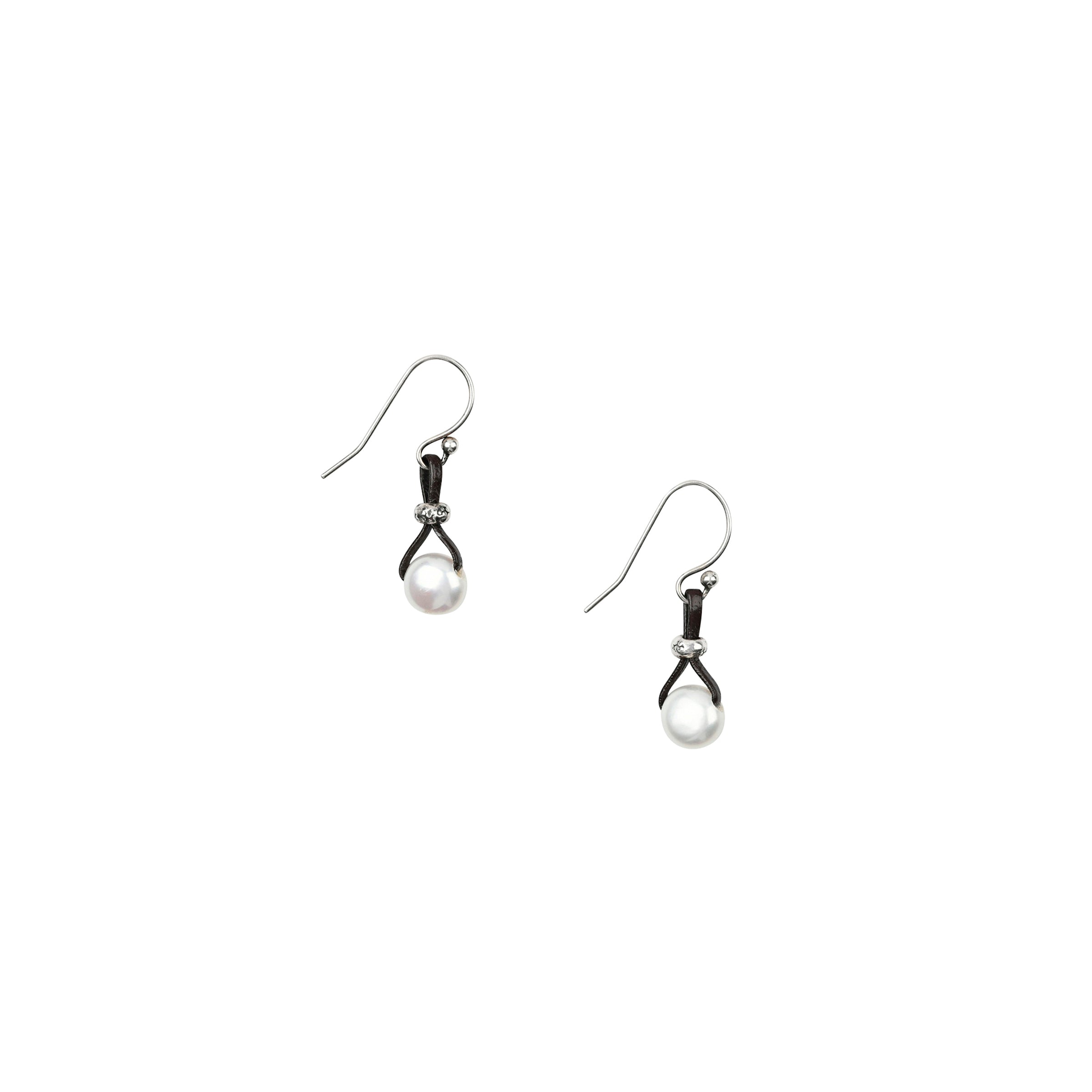 A pair of earrings made with Freshwater Pearl, Sterling Silver, and Leather in a teardrop shape.