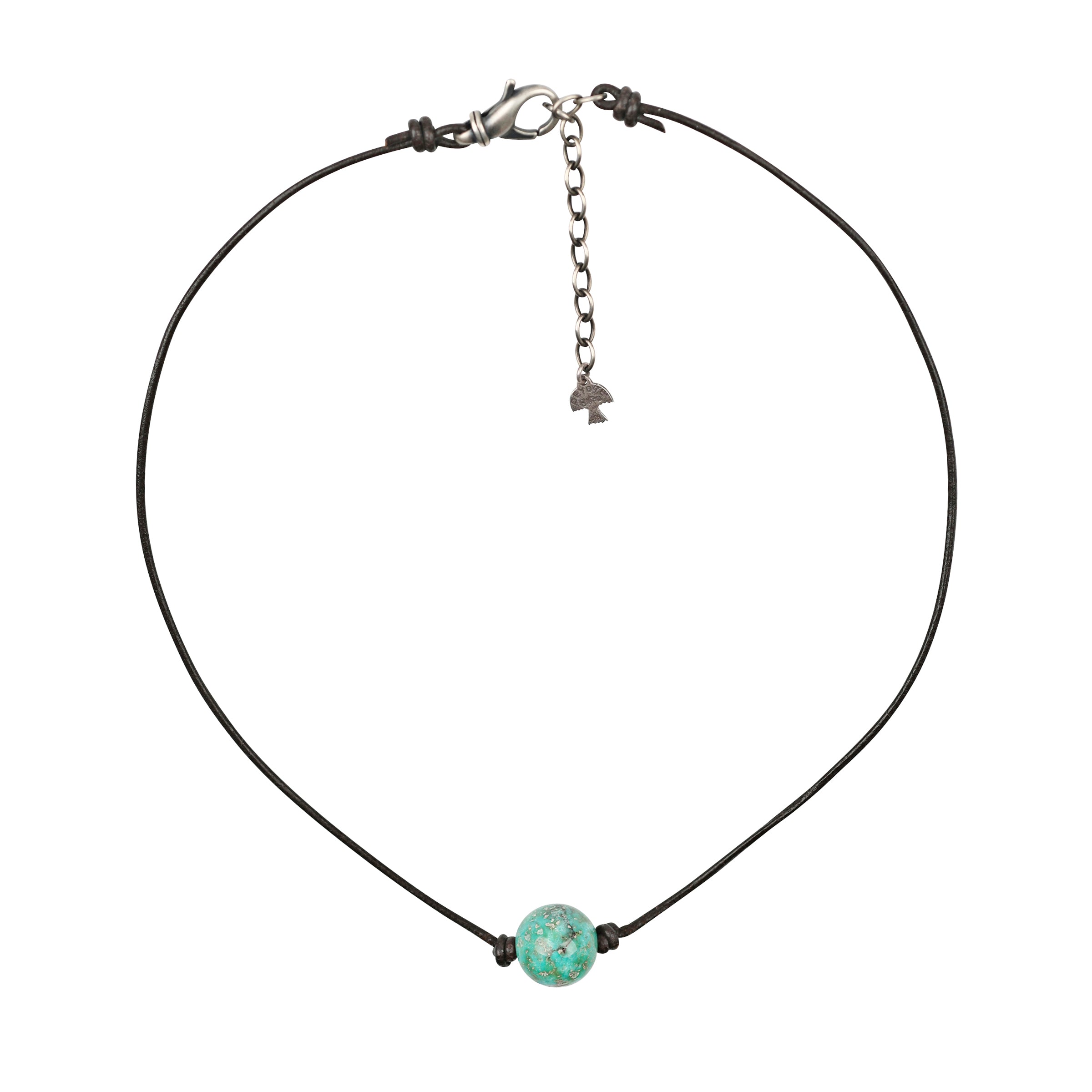This beaded necklace features a large Turquoise bead on knotted brown leather cord