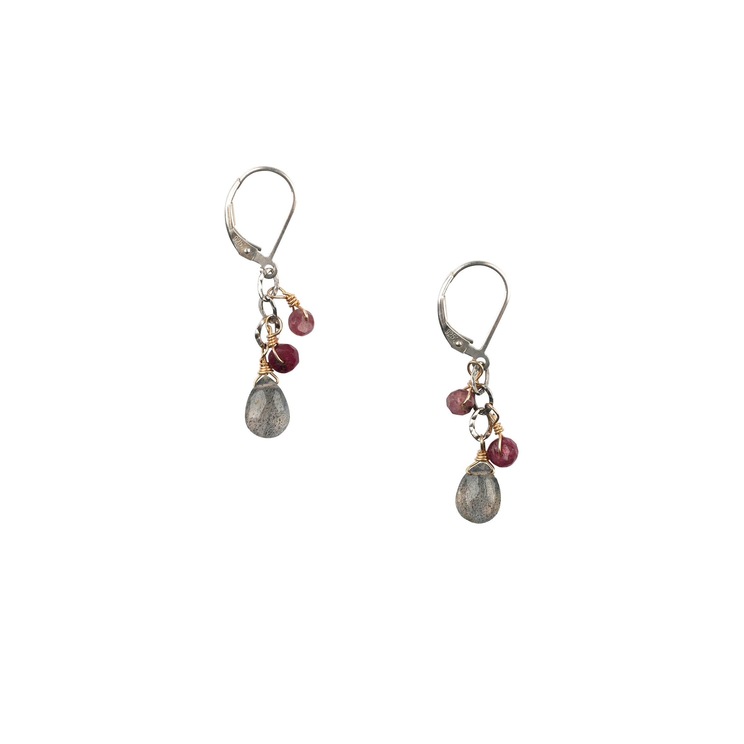 The Optimistic Earrings are a sweet and dainty pair featuring charms of Labradorite and Ruby with 14k Gold Plate accent wrapping. 