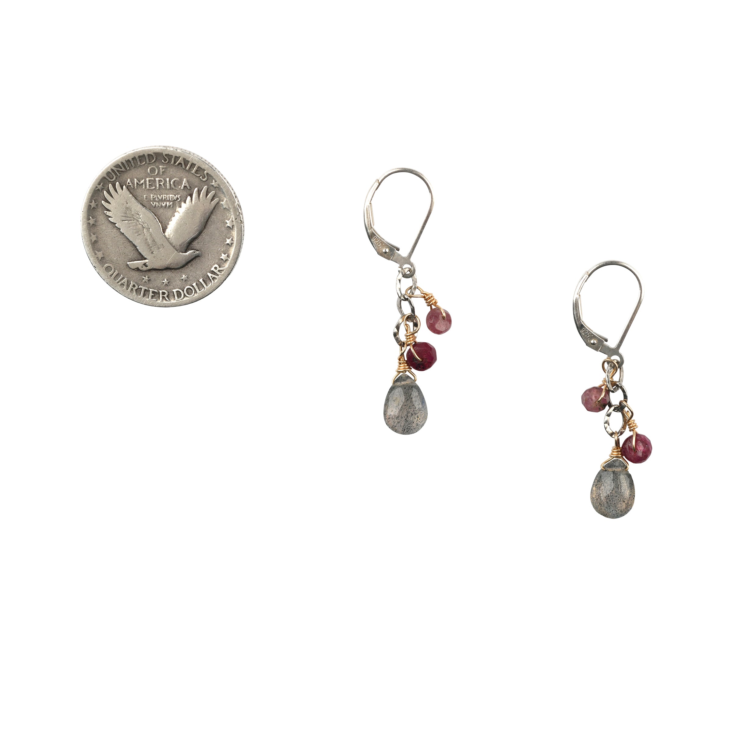 The Optimistic Earrings are a sweet and dainty pair featuring charms of Labradorite and Ruby with 14k Gold Plate accent wrapping. 