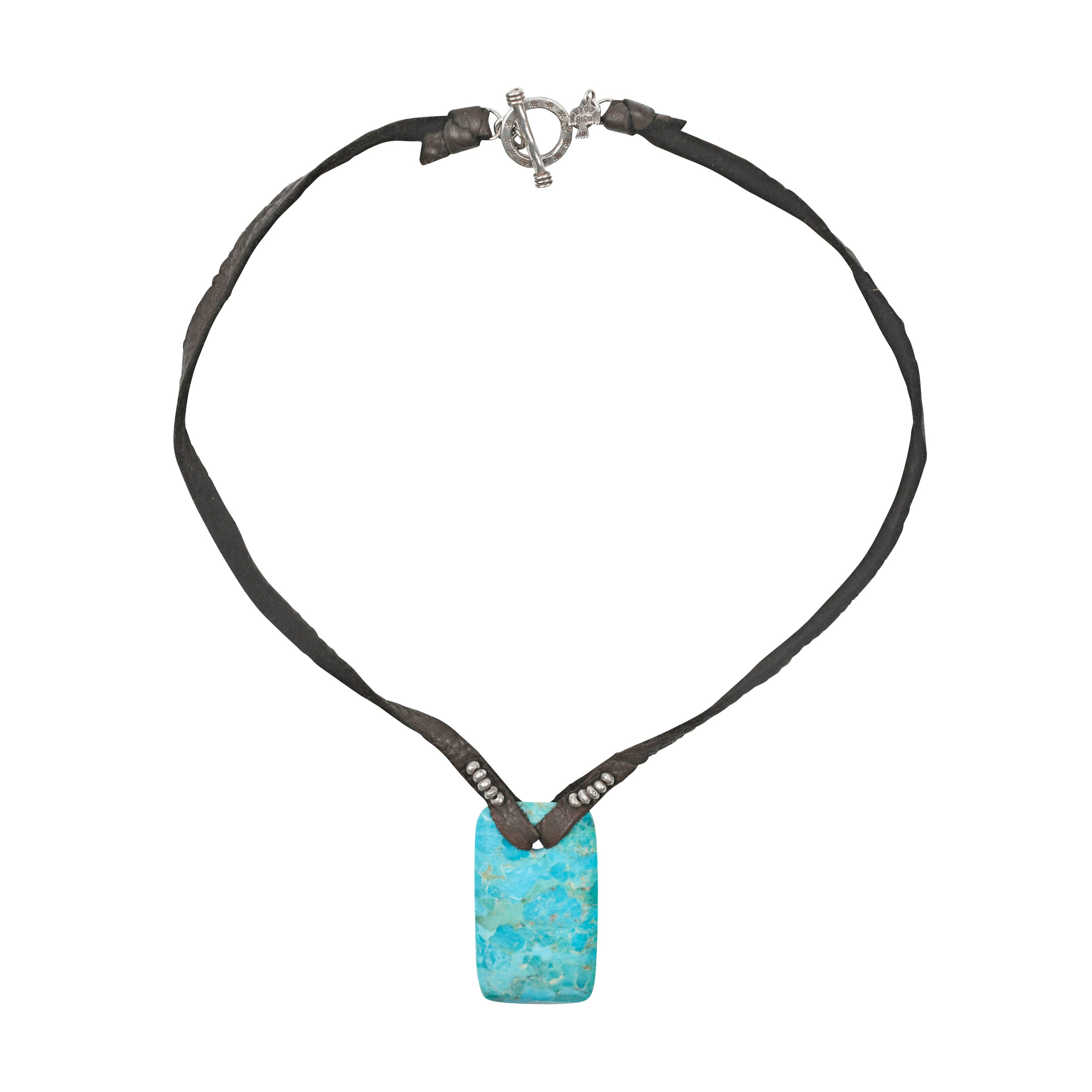 The Turquoise Amulet Necklace had been a Sundance Catalog favorite for many years! A large Turquoise pendant strung on soft deerskin leather featuring stitched beaded detailing.
