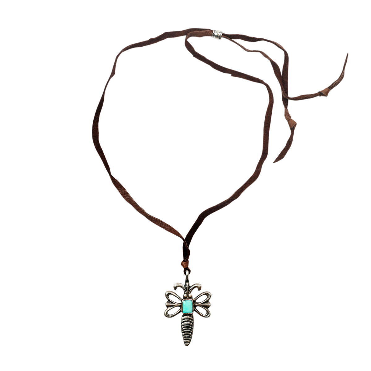 Handcrafted in Ingot Coin Silver, this Dragonfly pendant features Blue Turquoise and is strung on soft deerskin leather