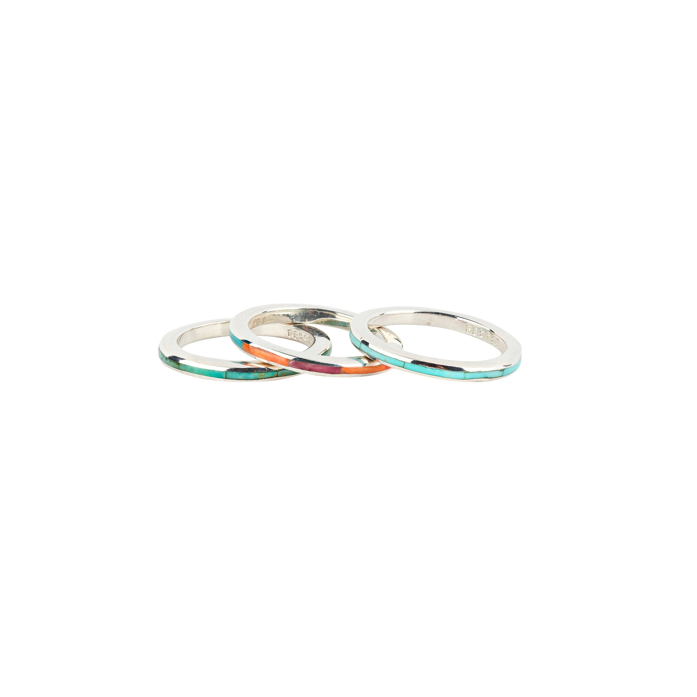 Three rings made with Sterling Silver, Turquoise, Lapis, Red Coral, Orange Spiny Oyster Shell, Purple Spiny Oyster Shell
