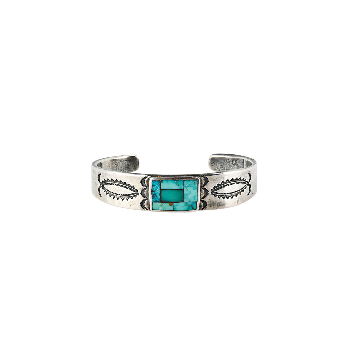 Ingot coin silver men's bracelet featuring mosaic inlayed turquoise and southwestern style stamping.