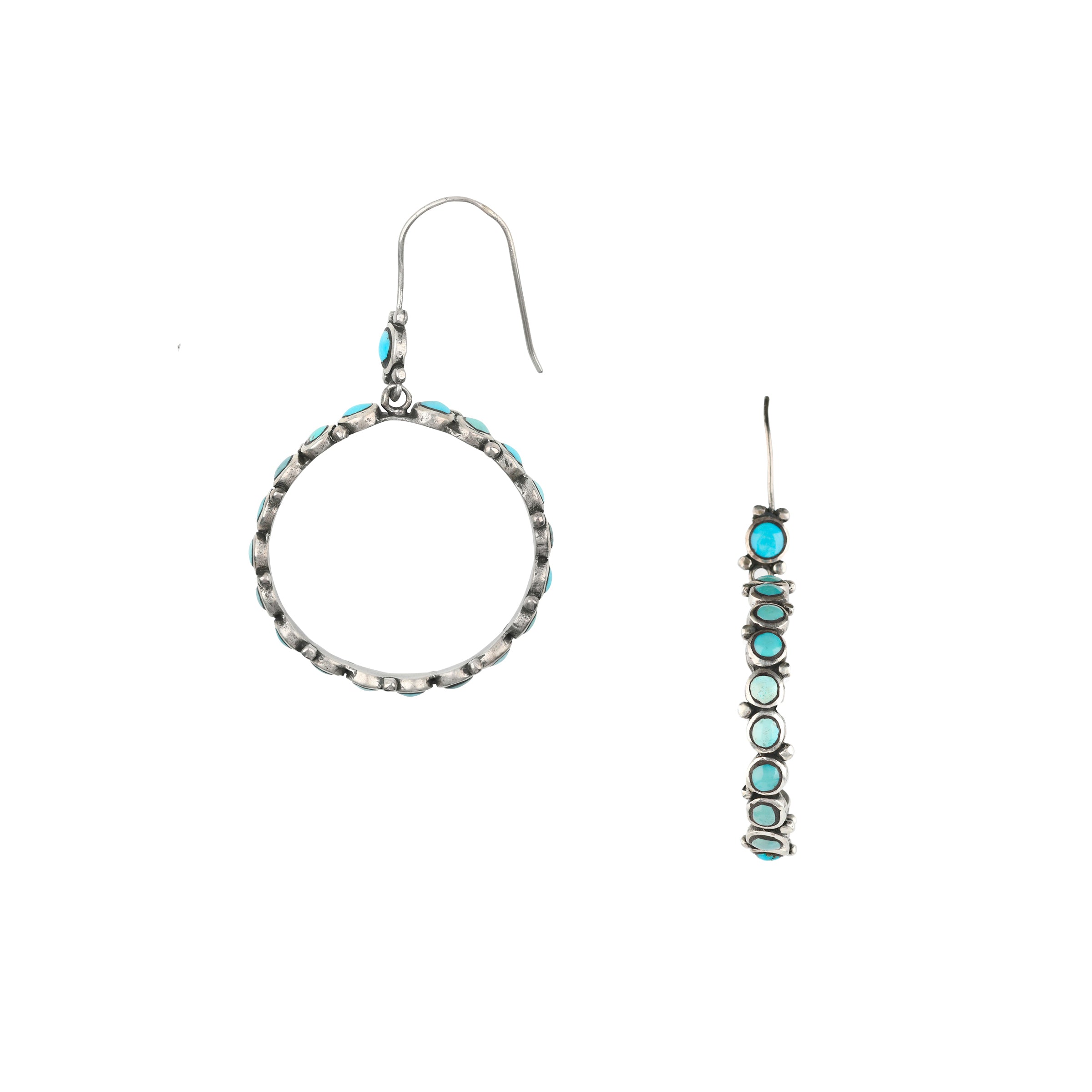 A pair of hoop earrings made with dots of Blue Turquoise and Green Turquoise set in Sterling Silver