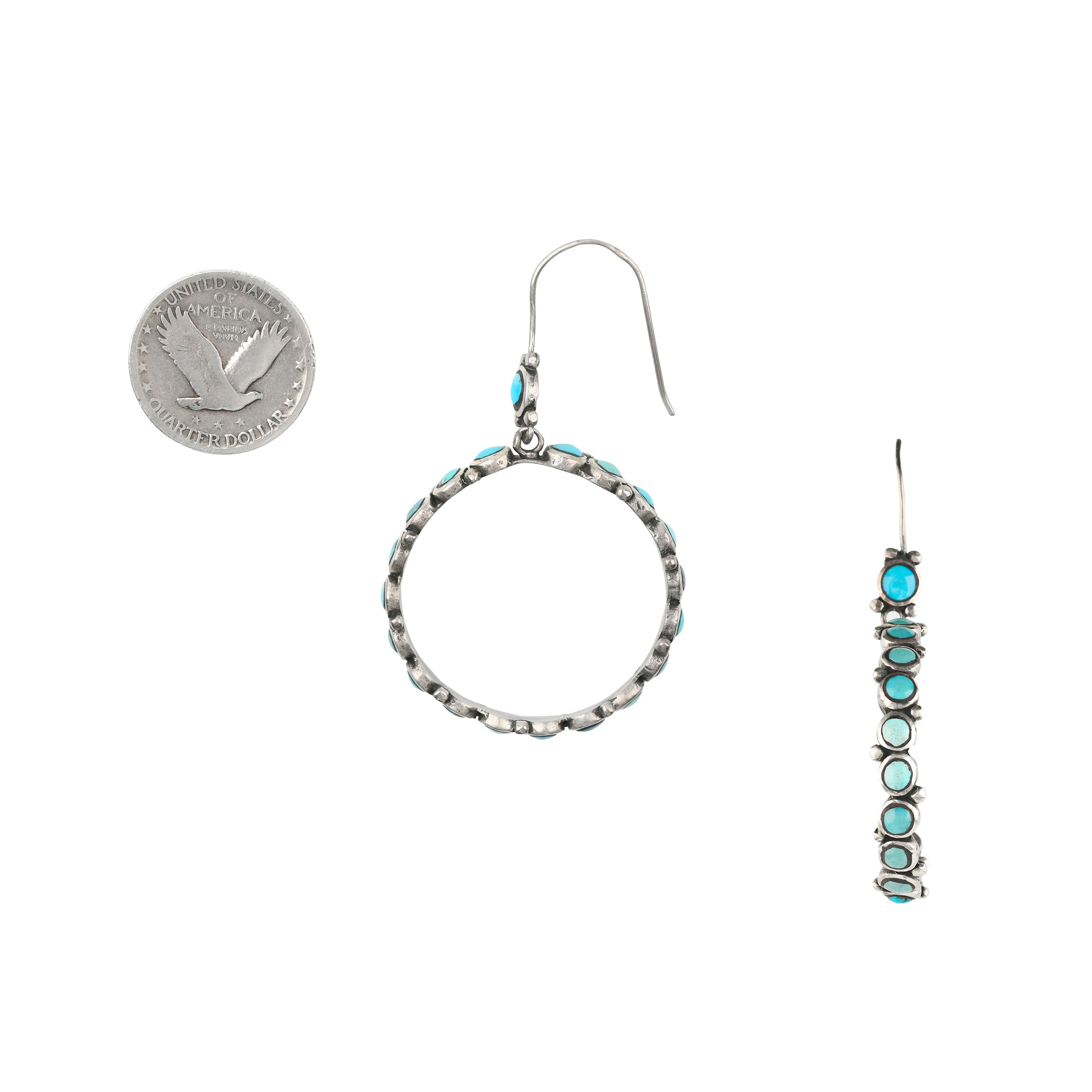 A pair of hoop earrings made with dots of Blue Turquoise and Green Turquoise set in Sterling Silver