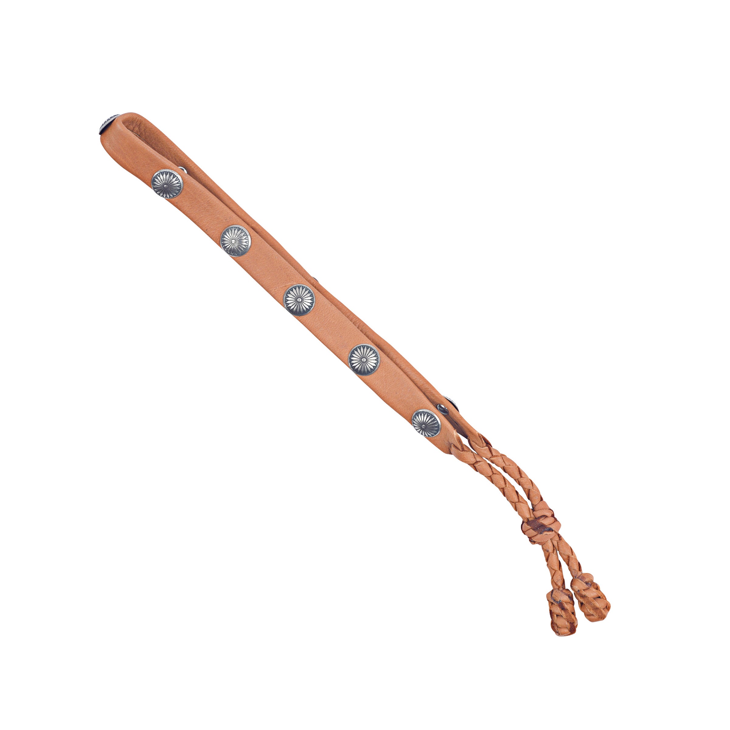 Double-layered deerskin leather hatband with silver sun conchos. Handcrafted in the USA.