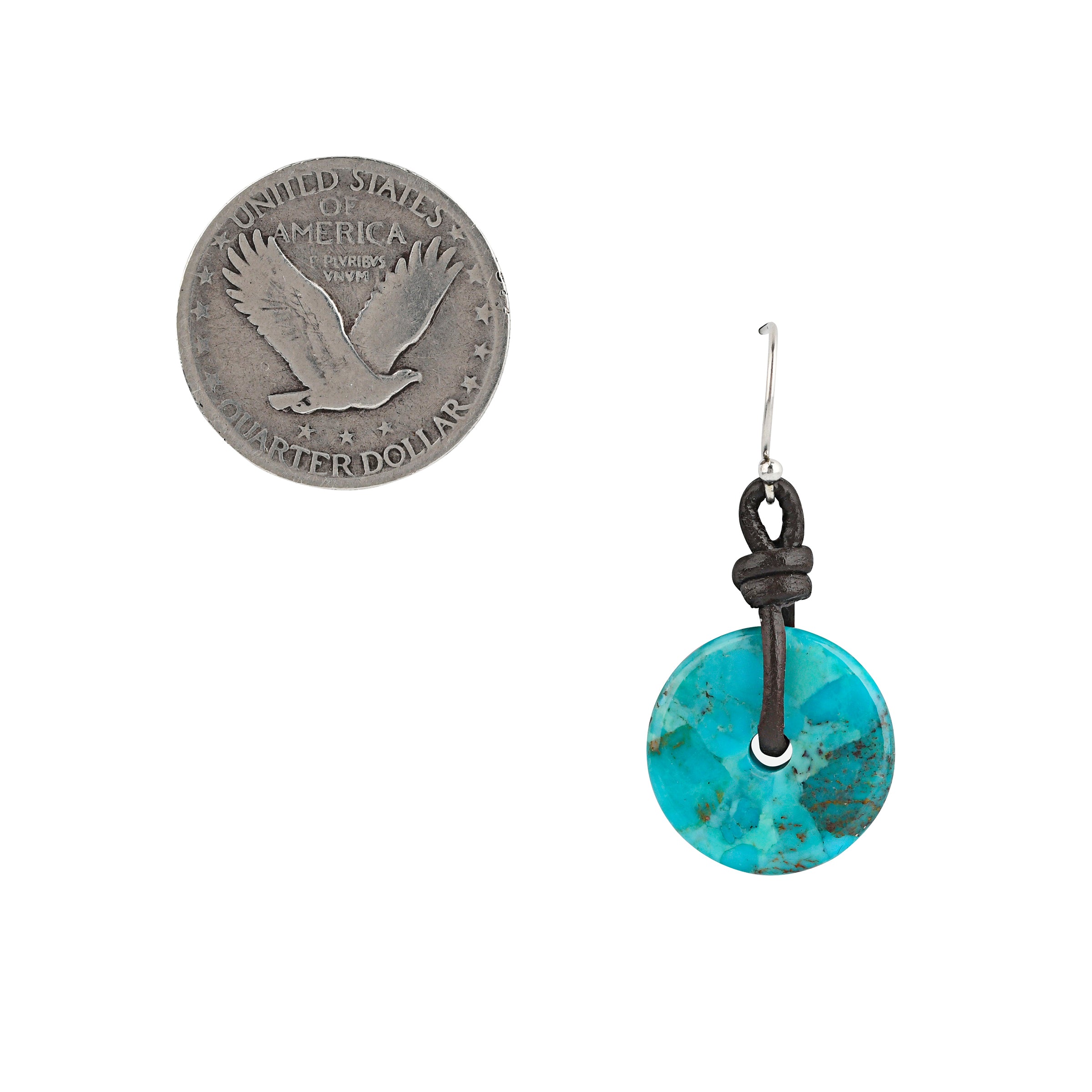 These earrings are made up of carved discs of Turquoise strung on brown leather.