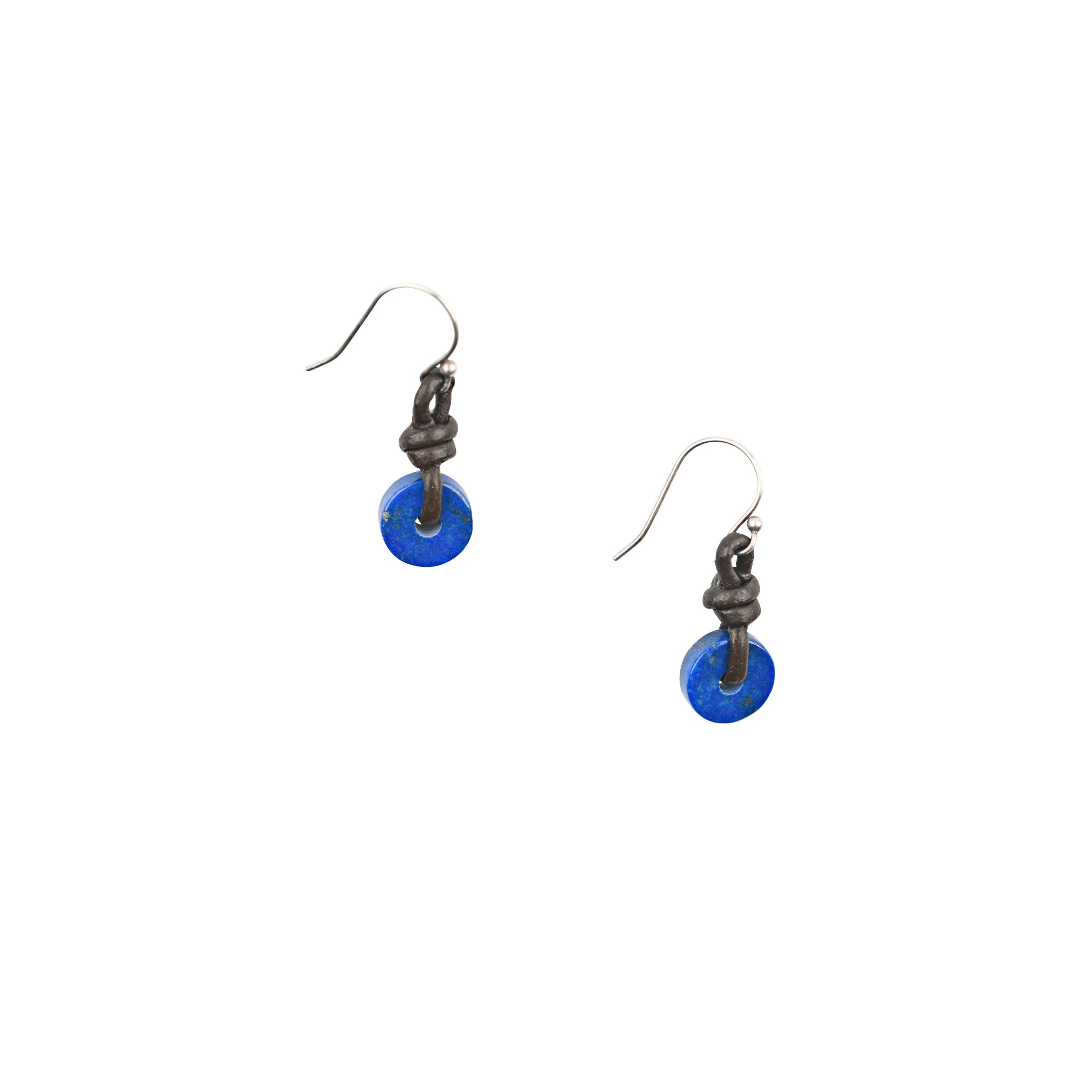 A pair of earrings featuring little disks of Lapis strung on knotted leather on Sterling Silver ear wires