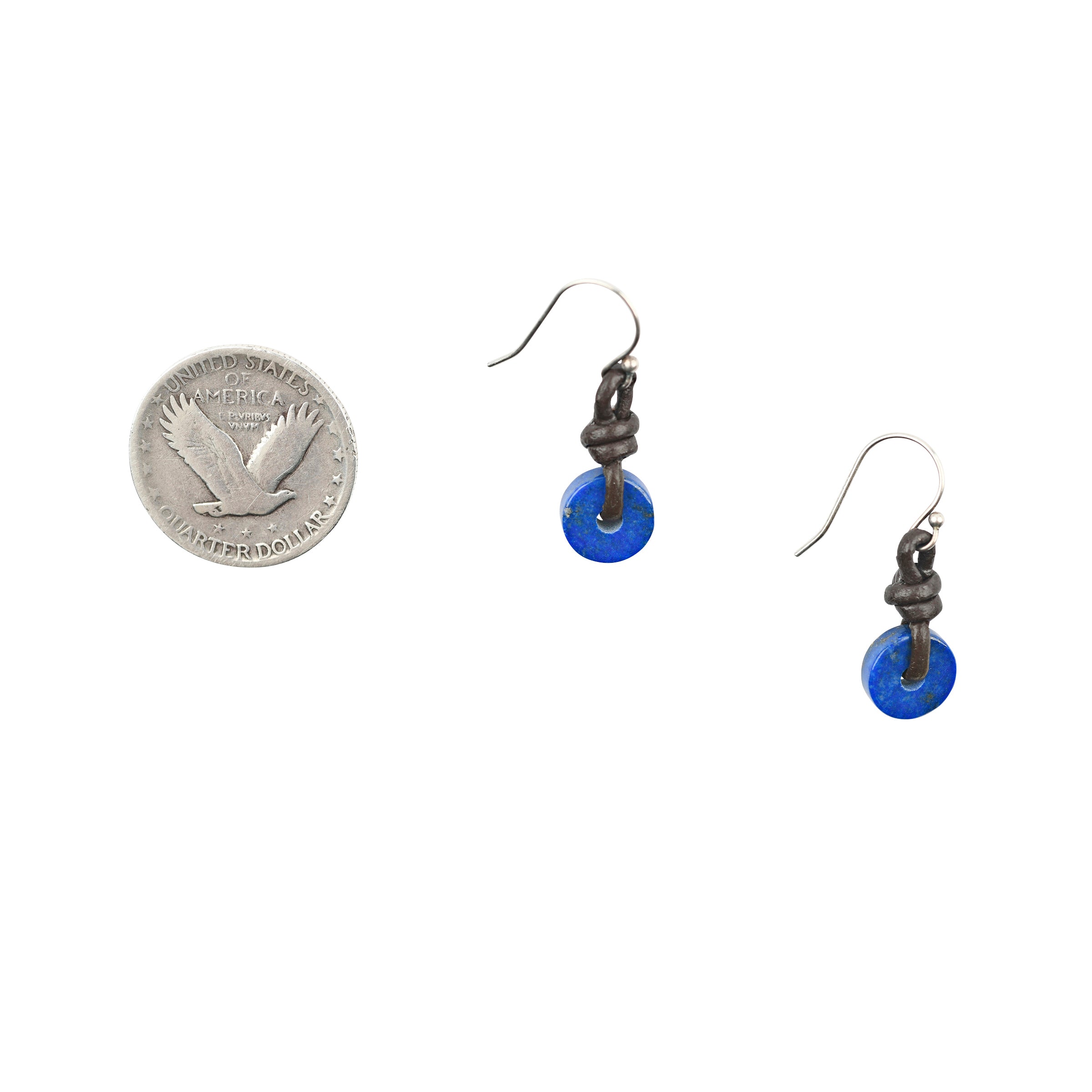 A pair of earrings featuring little disks of Lapis strung on knotted leather on Sterling Silver ear wires