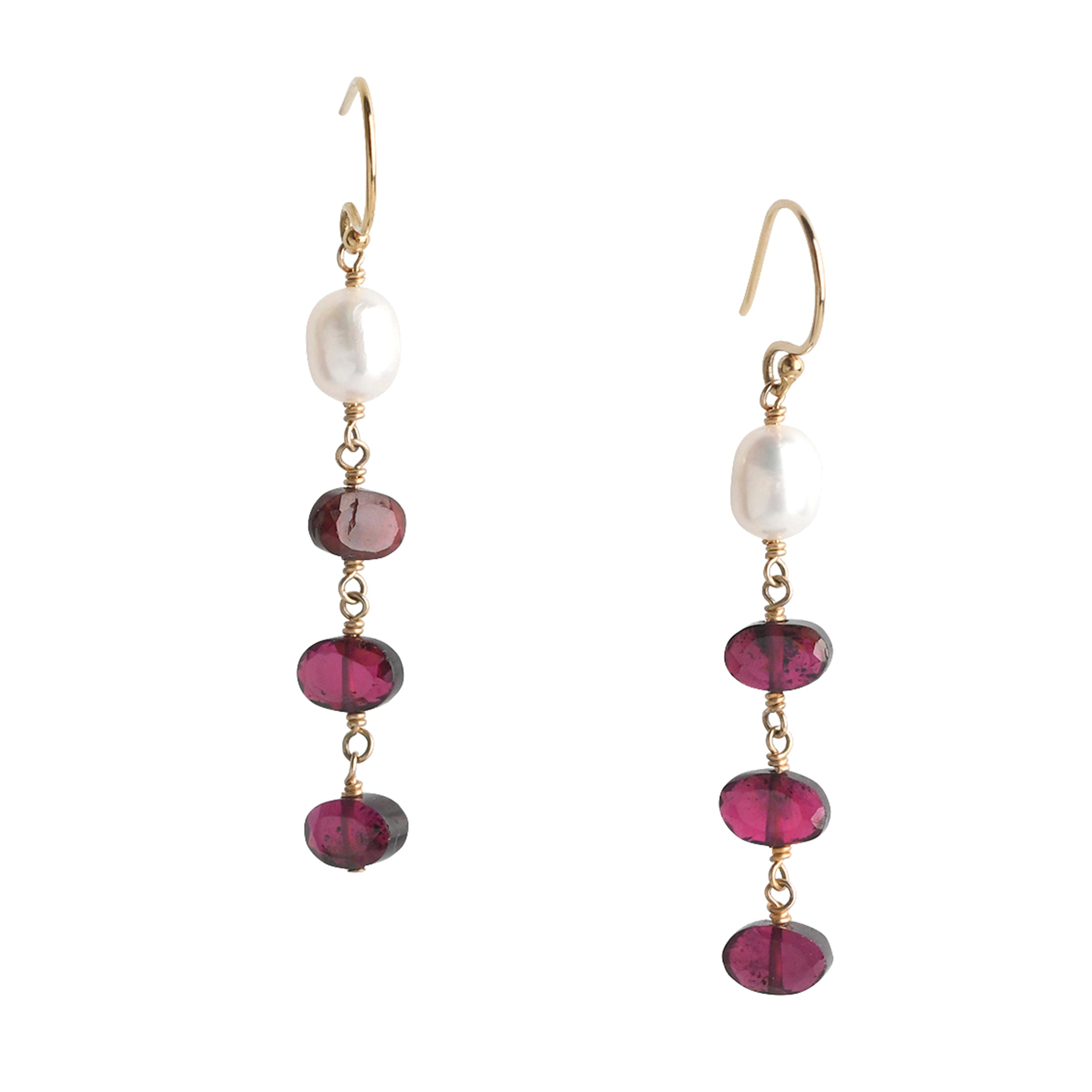 Pair of beaded earrings chained with oval Garnets and topped with a Freshwater Pearl