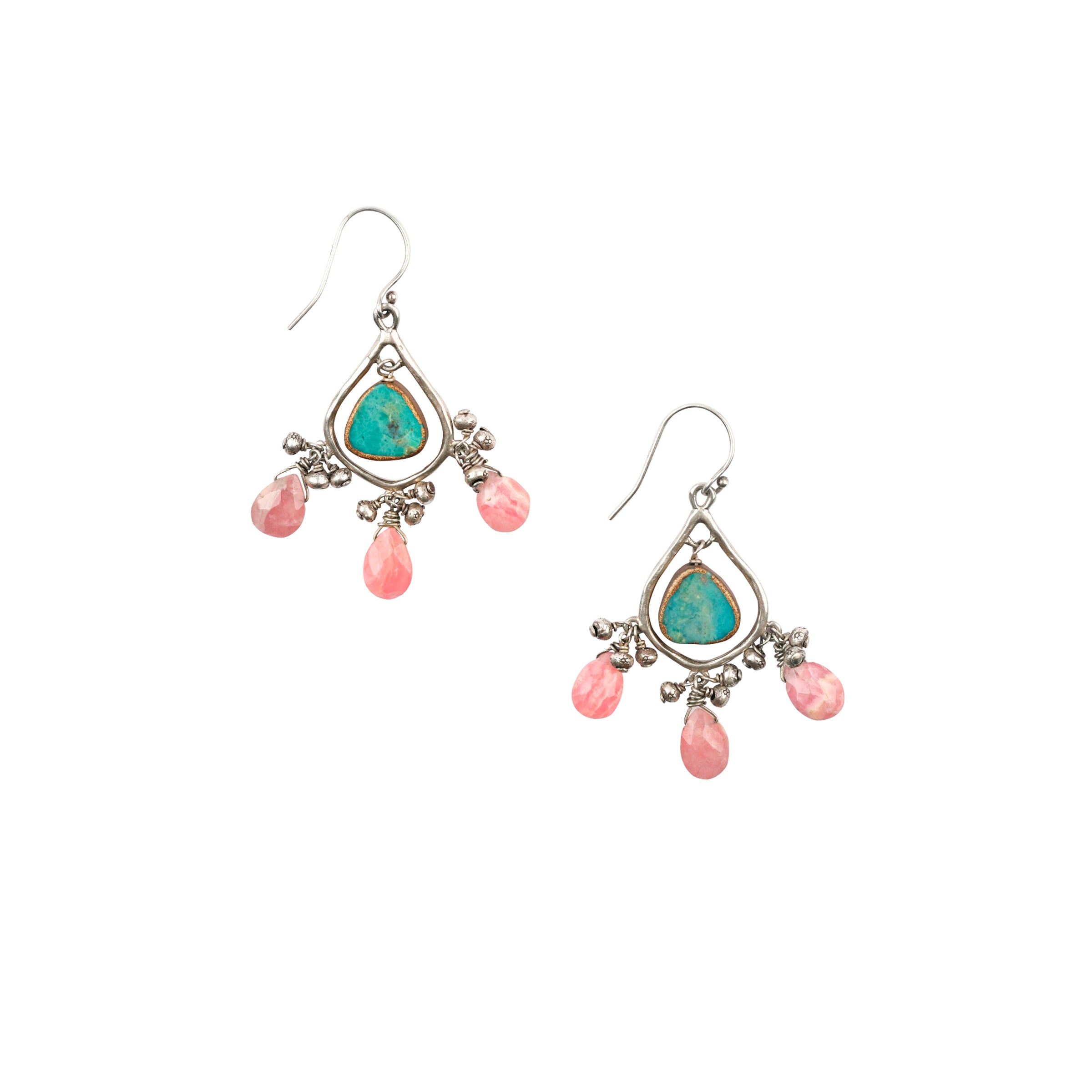 As seen in the Sundance Catalog, the Scattered Showers Earrings are a teardrop, chandelier earring featuring charms of electroplated Turquoise, dangles of Sterling Silver beading, and drops of Rhodochrosite.