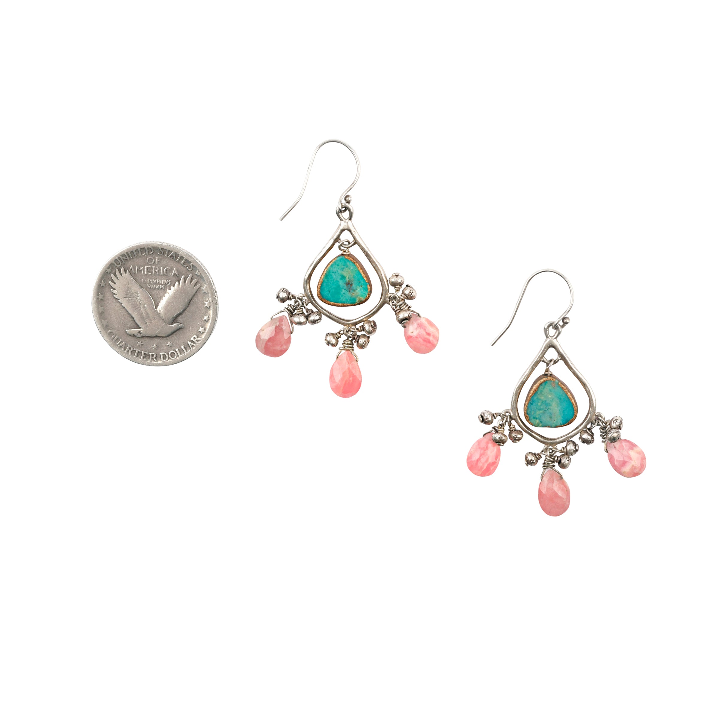 As seen in the Sundance Catalog, the Scattered Showers Earrings are a teardrop, chandelier earring featuring charms of electroplated Turquoise, dangles of Sterling Silver beading, and drops of Rhodochrosite.