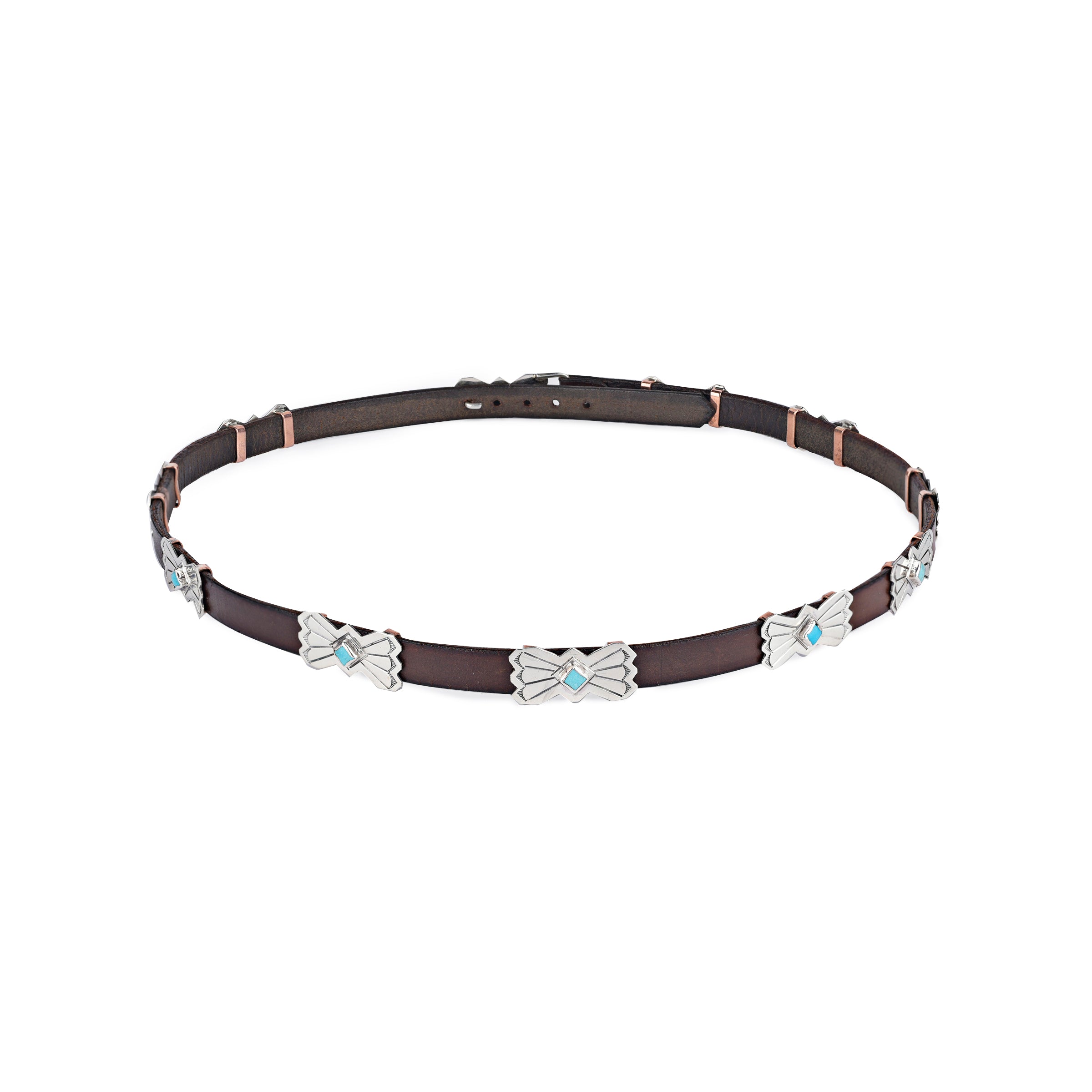 Sterling silver bow tie shaped concho's with square blue turquoise inlay on leather strap hatband. 