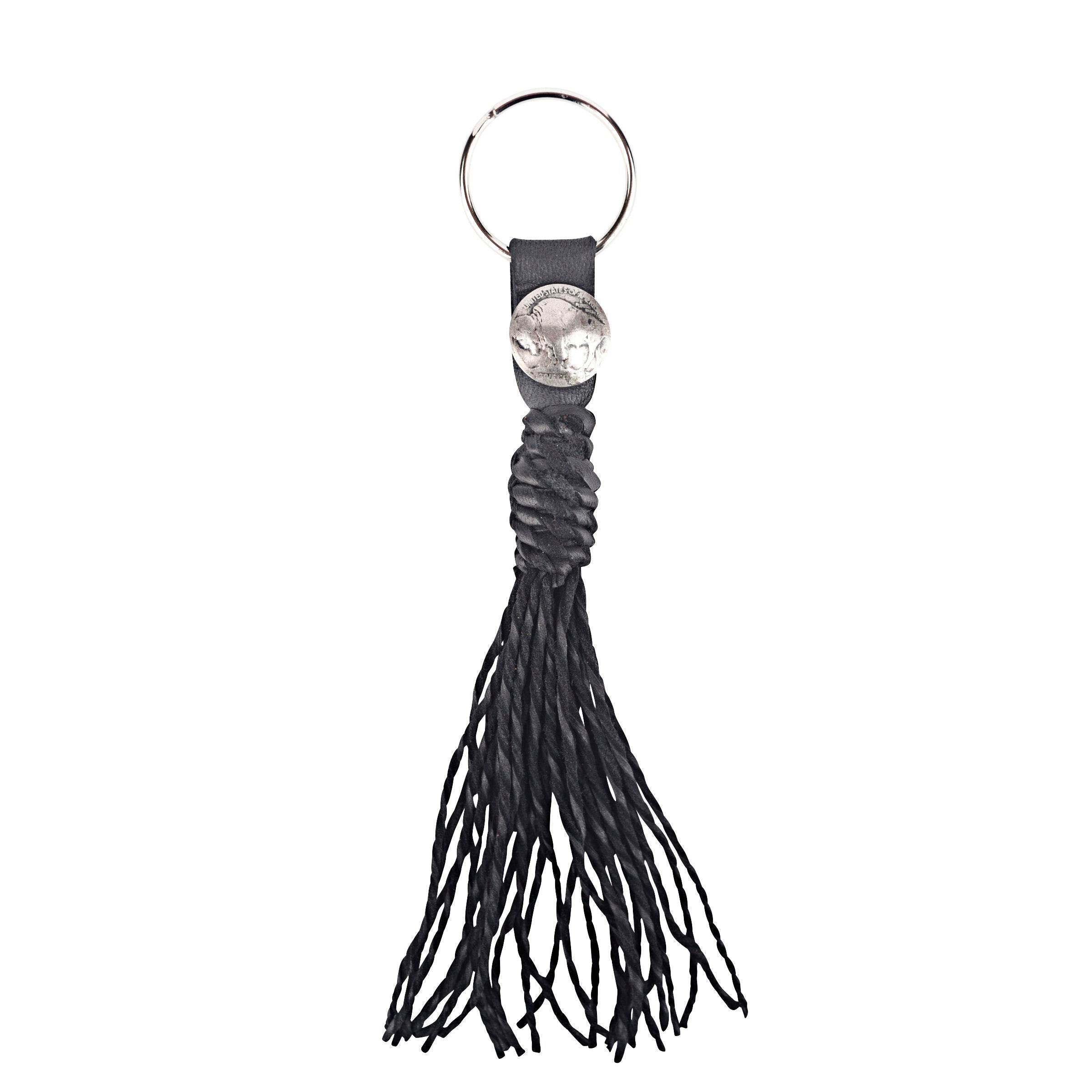 A black leather tassel keychain with a silver metal key ring and a vintage buffalo nickel. 