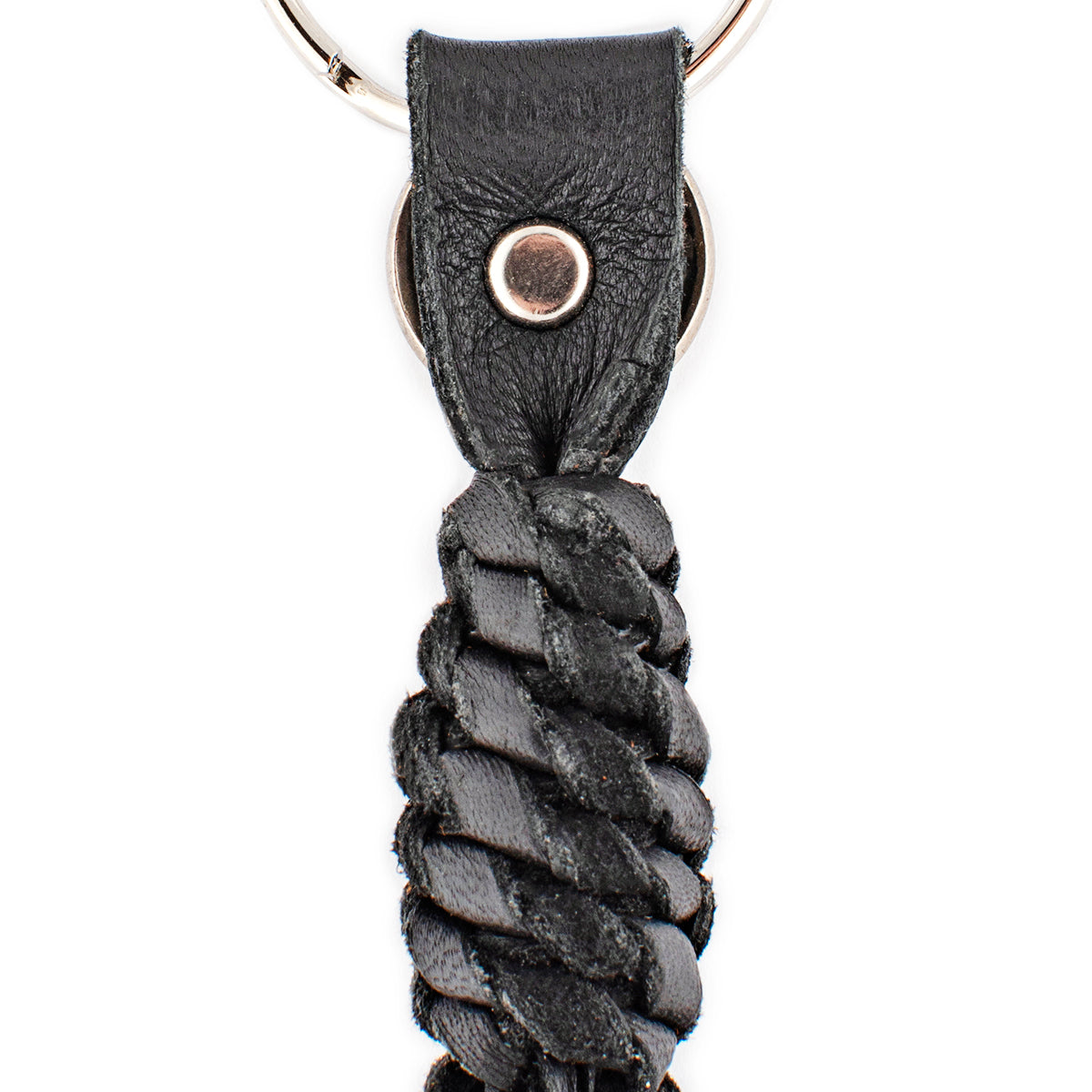 A black leather tassel keychain with a silver metal key ring and a vintage buffalo nickel. 