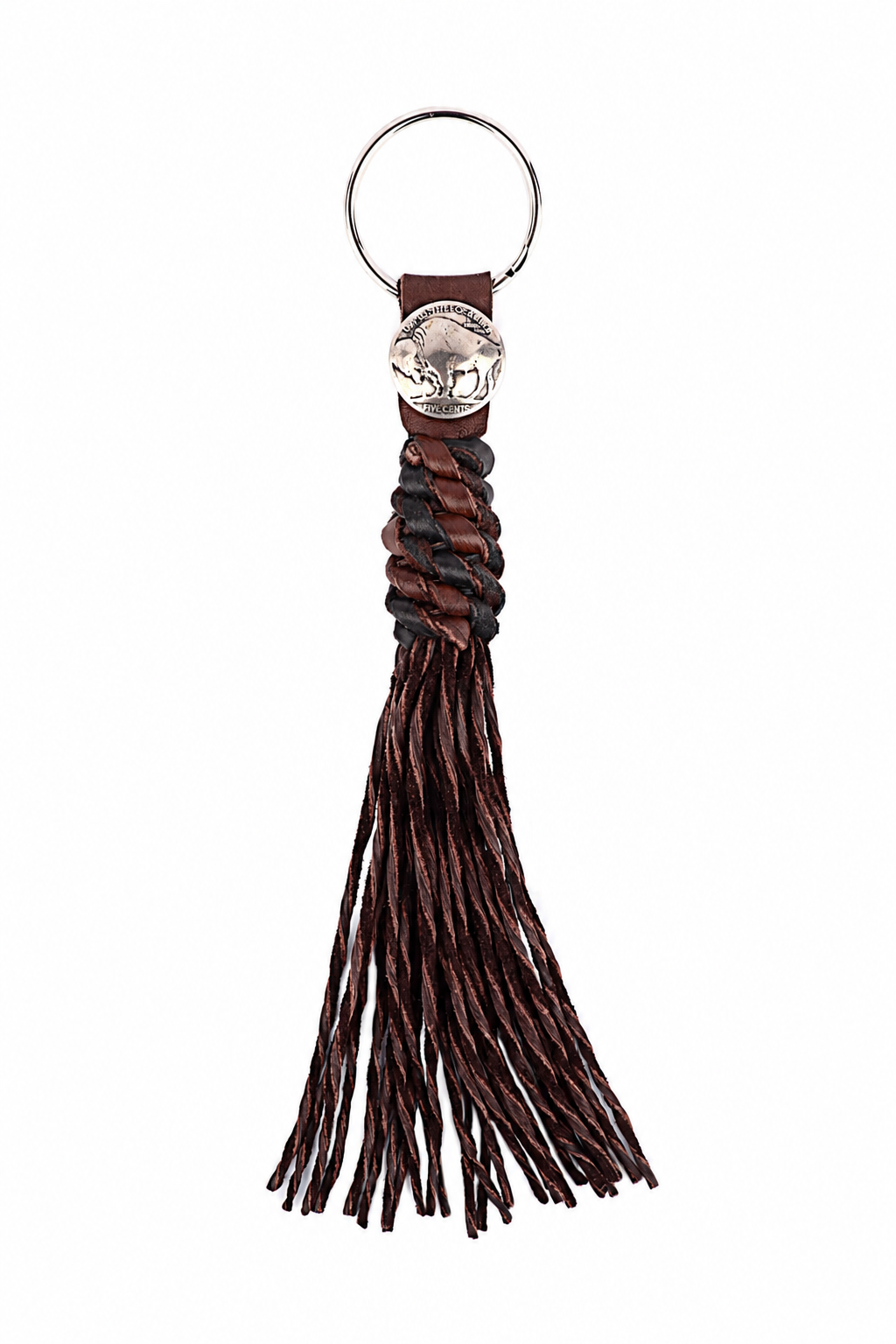 A brown and chocolate leather tassel keychain with a silver metal key ring and a vintage buffalo nickel. 