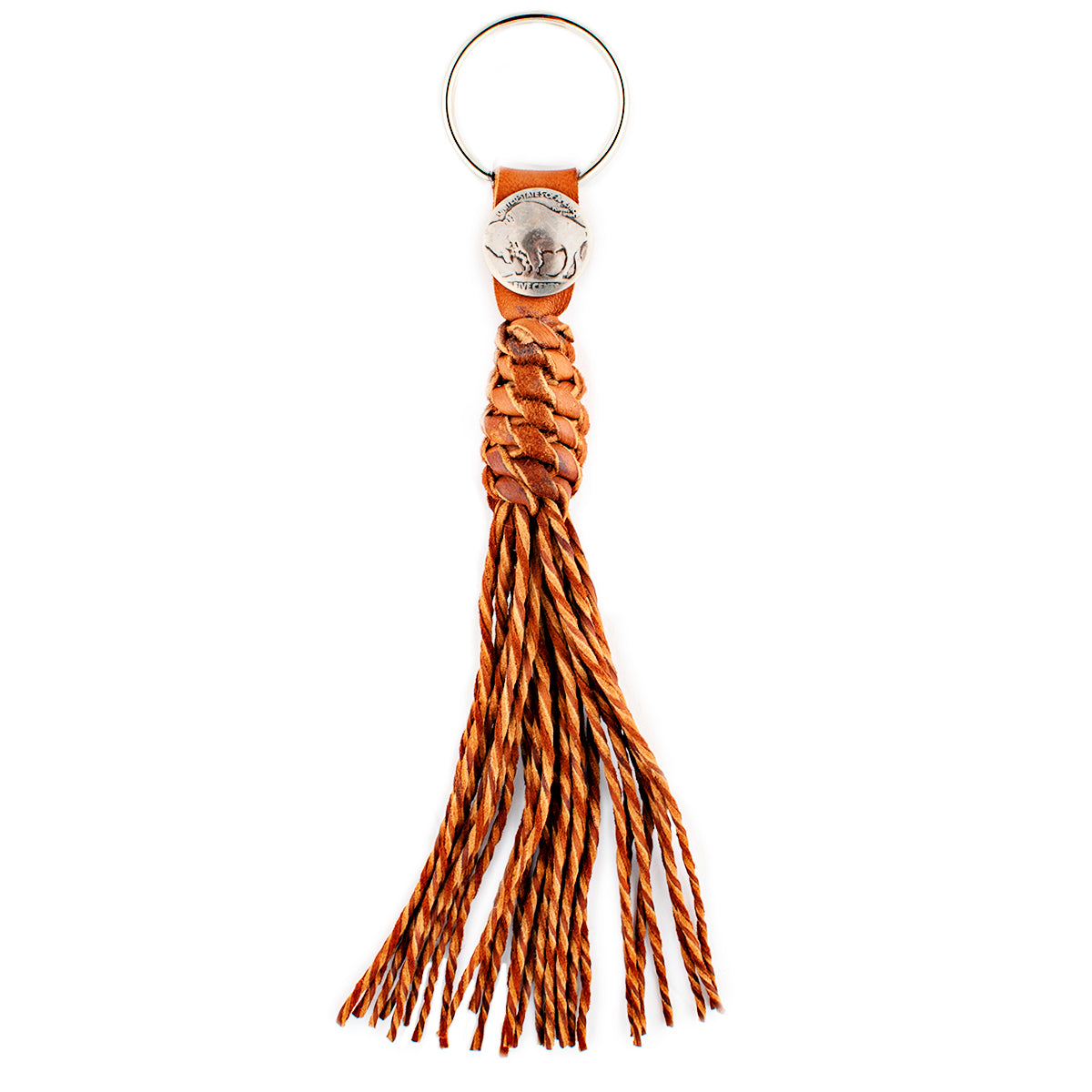 A tobacco leather tassel keychain with a silver metal key ring and a vintage buffalo nickel. 