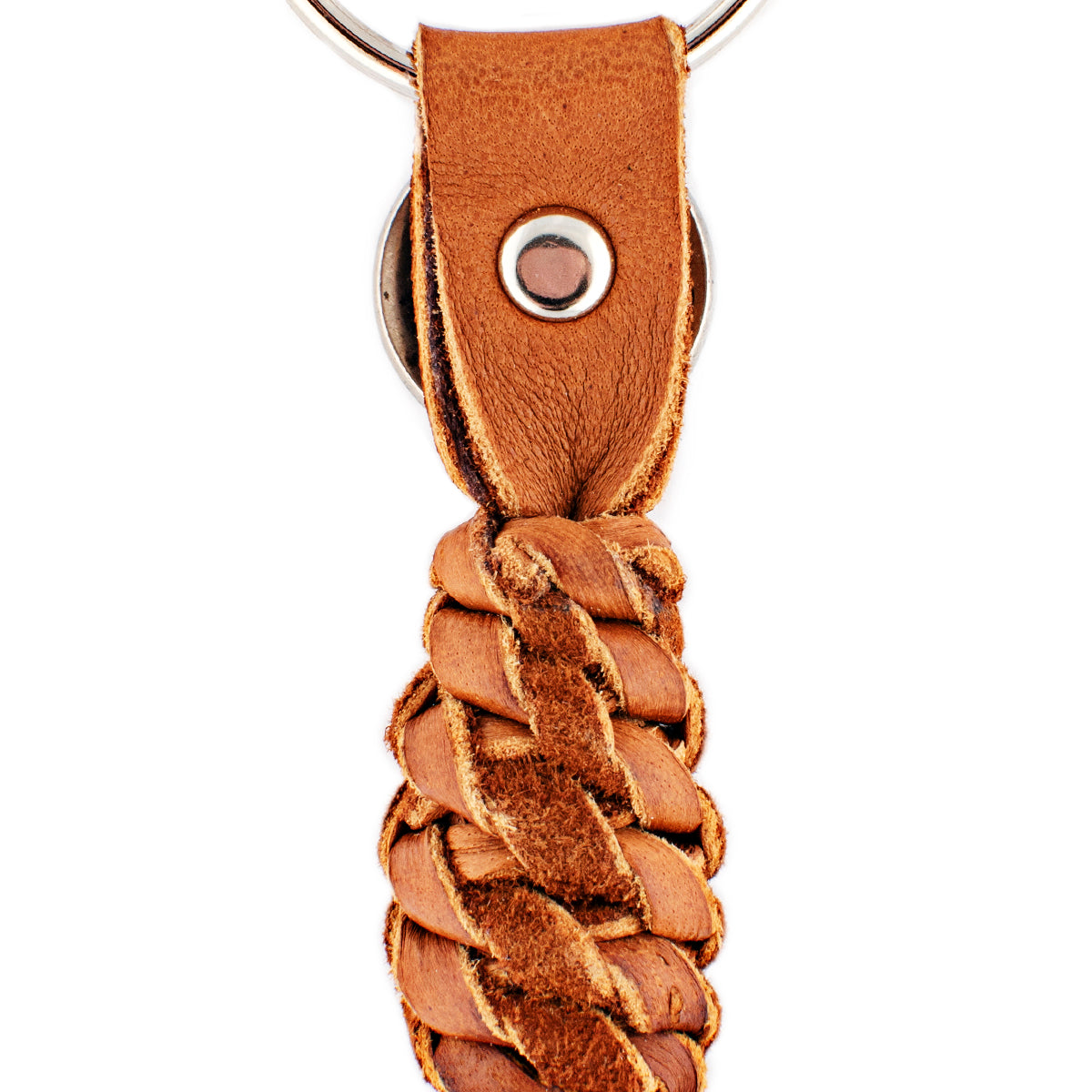 A tobacco leather tassel keychain with a silver metal key ring and a vintage buffalo nickel. 