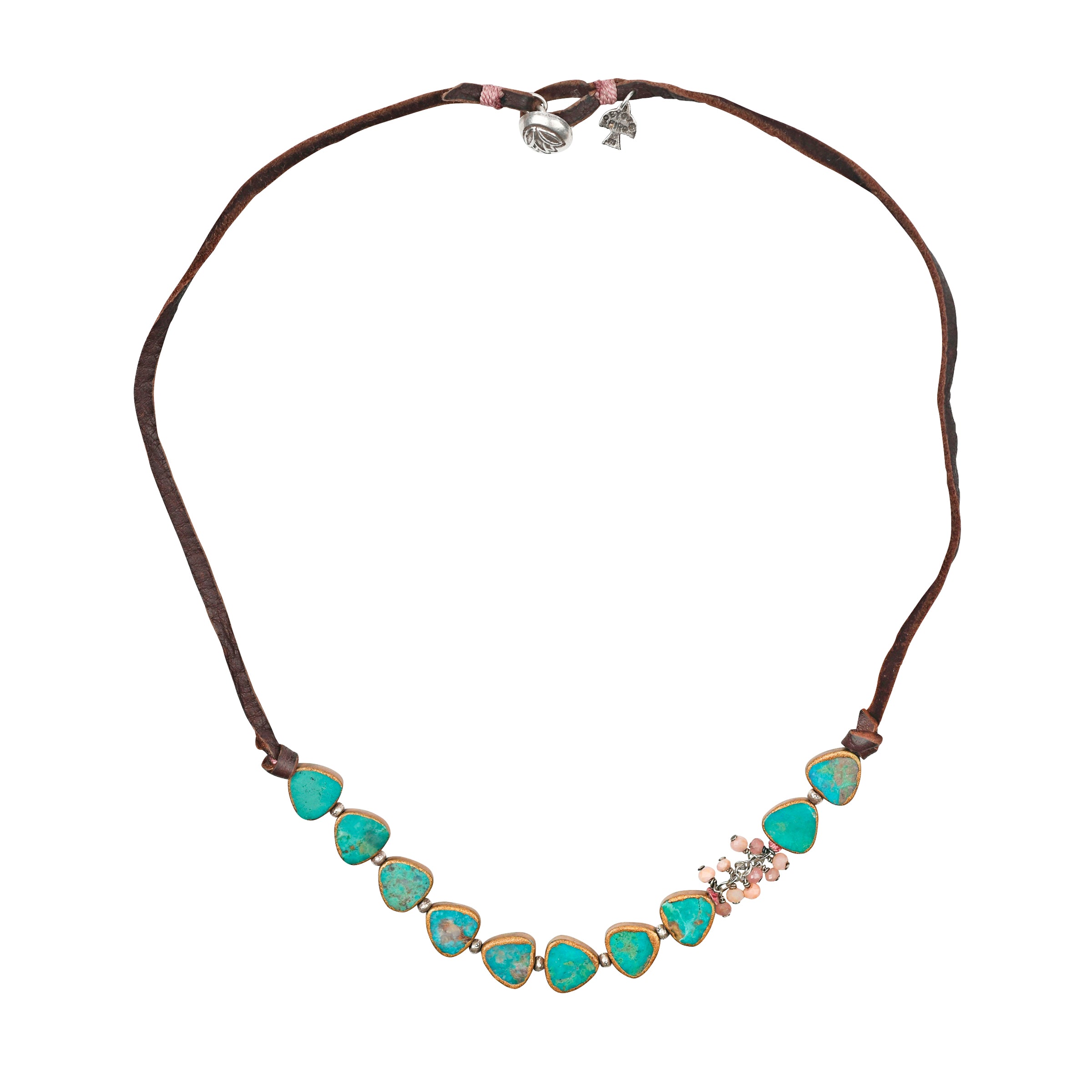 A Peyote Bird Original Necklace, the Pathfinder Necklace is a collection of strung electroplated Turquoise with a medley of Rhodochrosite charms strung on soft deerskin leather and finished with a Sterling Silver button.