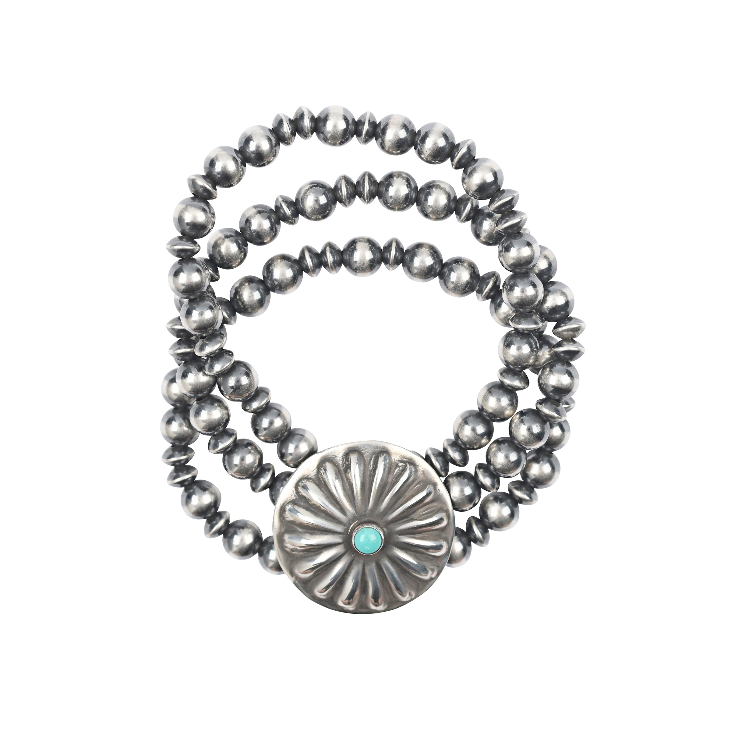 Large Southwestern Concho with Blue Turquoise in the middle, strung on a three strand bracelet strung with Desert Pearls