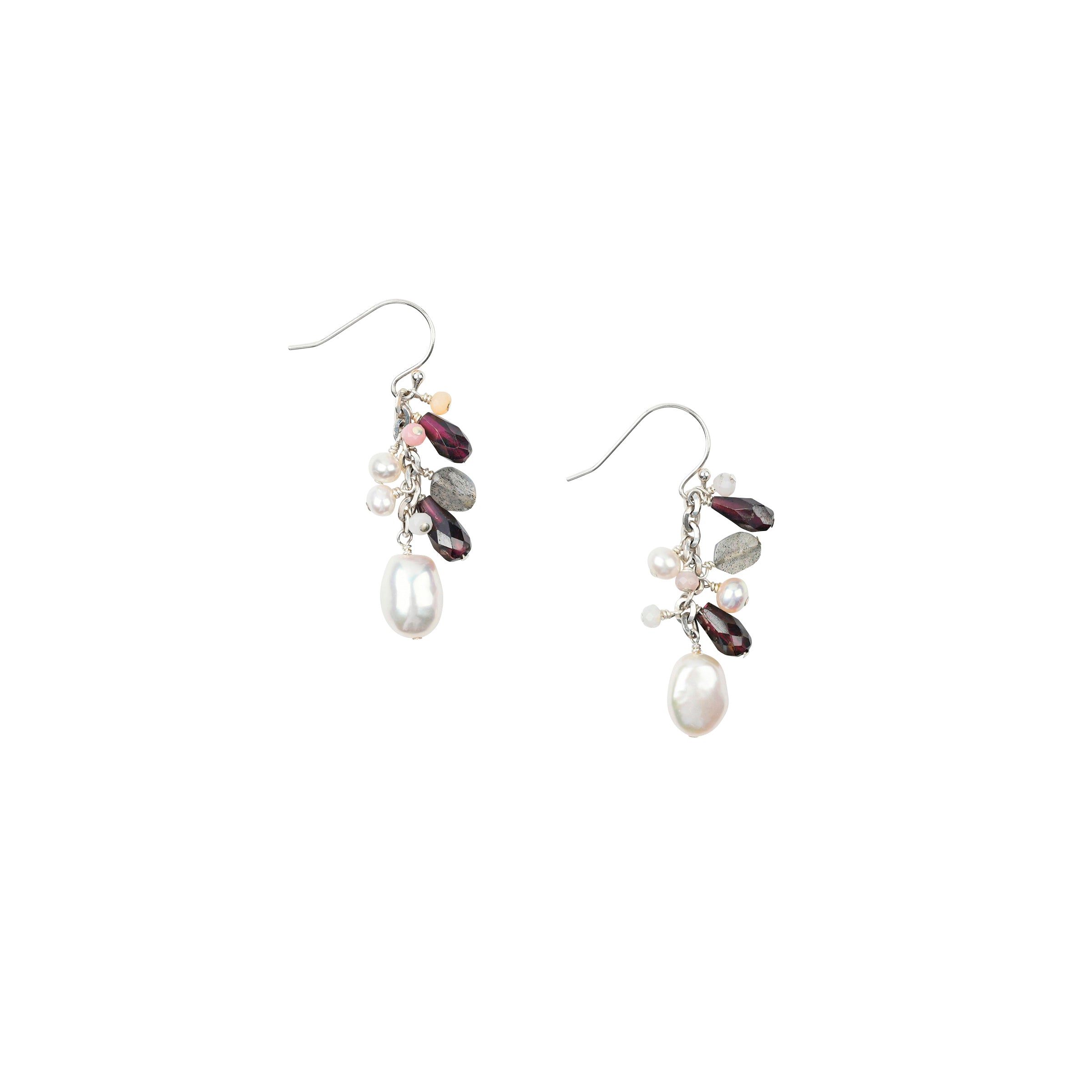 A Peyote Bird Original beaded pair of earrings made with Freshwater Pearl, Labradorite, Pink Opal, and Garnet.