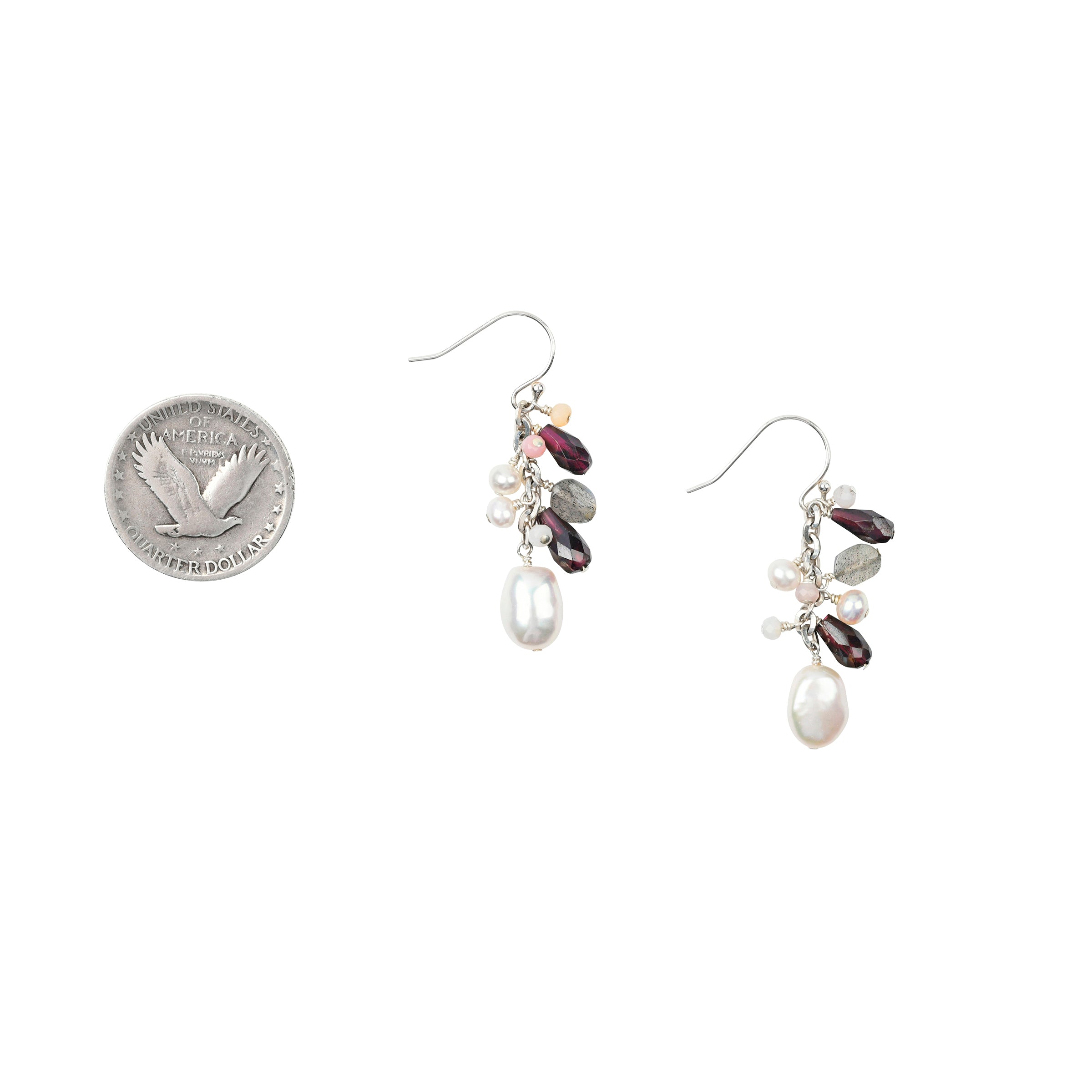 A Peyote Bird Original beaded pair of earrings made with Freshwater Pearl, Labradorite, Pink Opal, and Garnet.